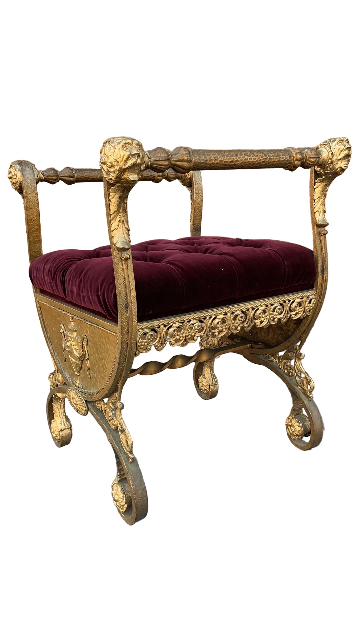 Antique Italian Renaissance Ornate Tufted Gild Bench Newly Reupholstered