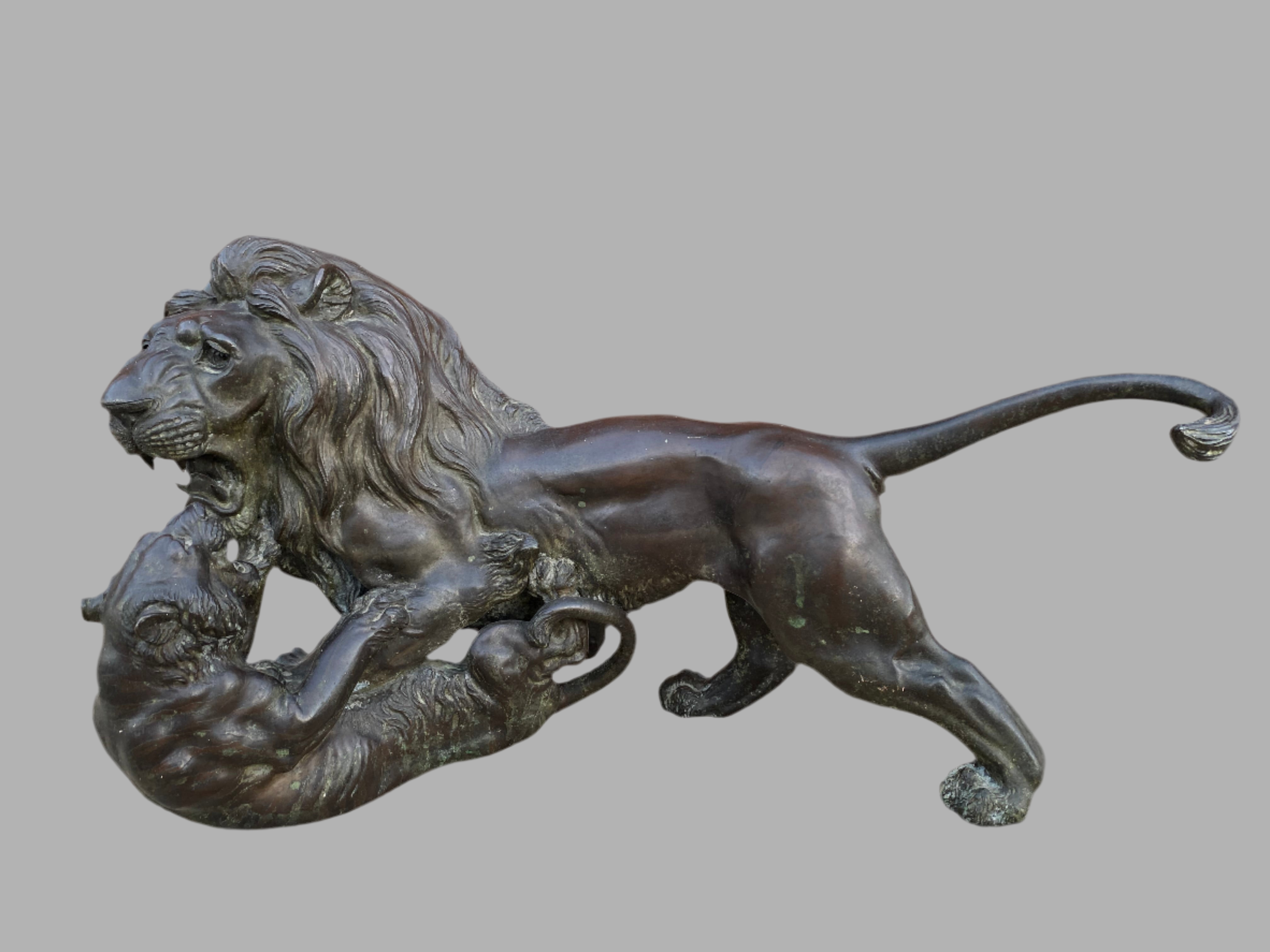 Antique Japanese Bronze Sculpture of Roaring Lion vs. Tiger