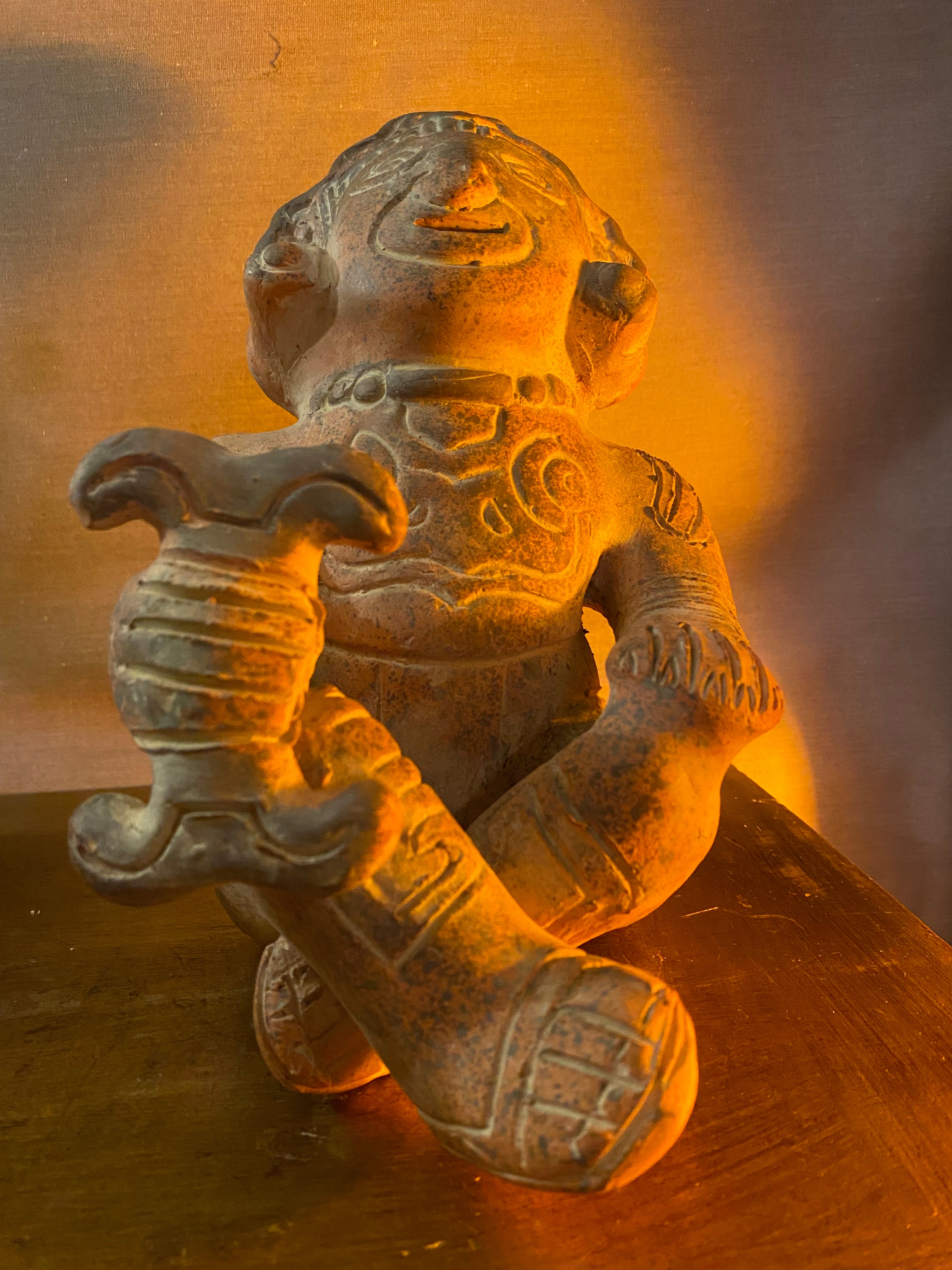 Vintage Small Cross-Legged Pre-Columbian Style Terra Cotta Statue of Mesoamerican God Xochipilli or "Prince of Flowers"