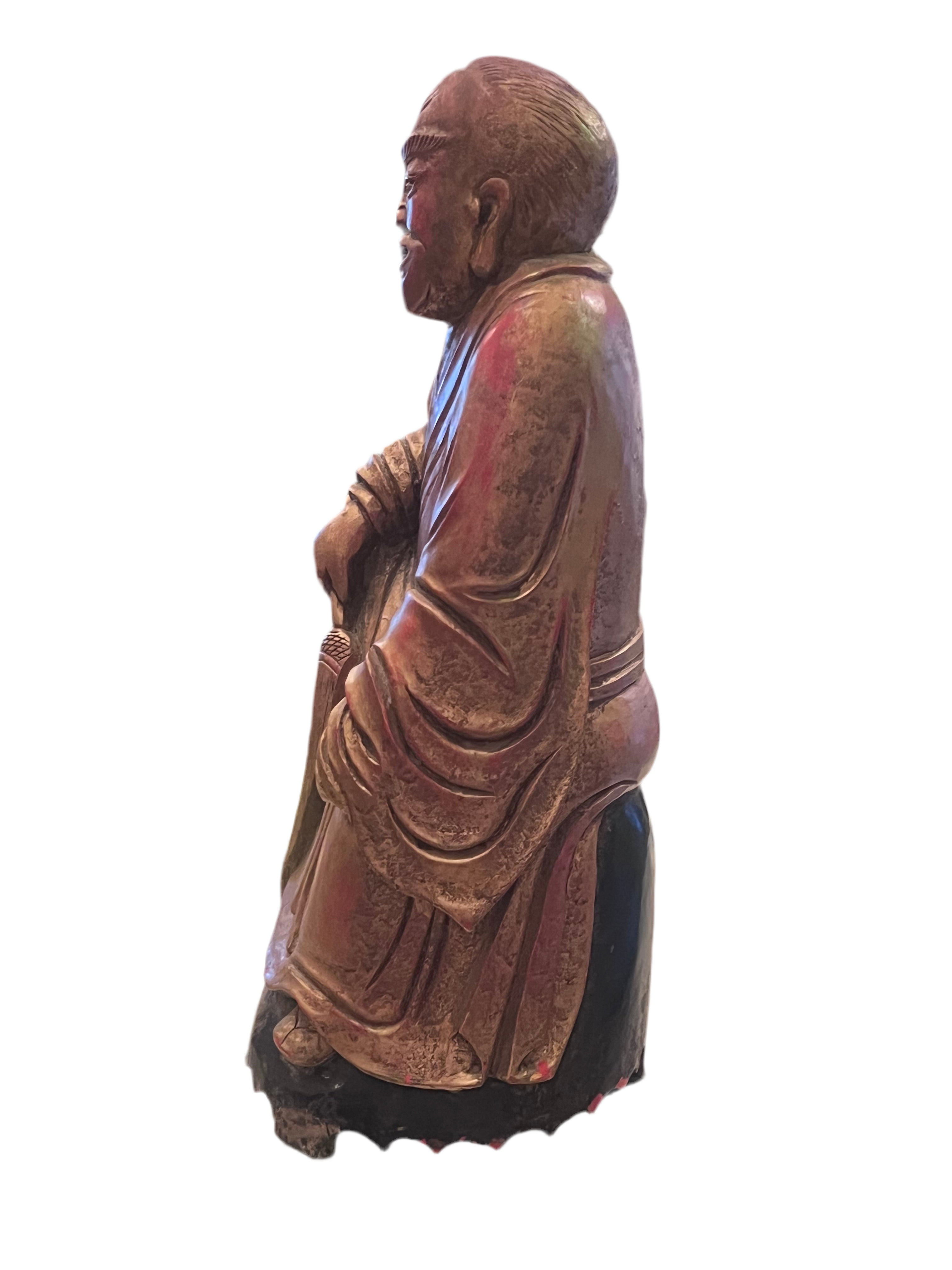 Antique Chinese Wood Hand Carved Monk Figurine