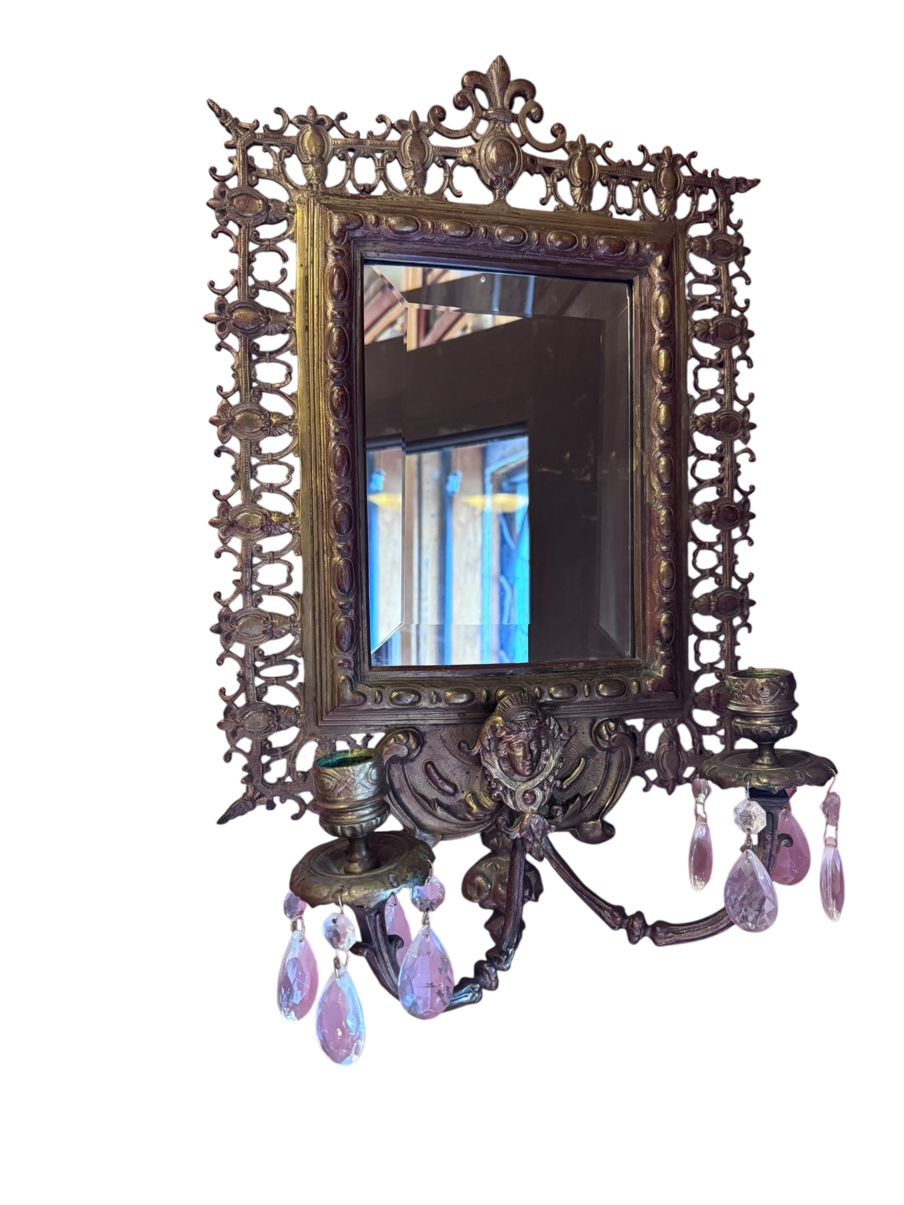 Antique Victorian Devil Fantasy Style Ornate Figural Beveled Mirror Candle Sconces
