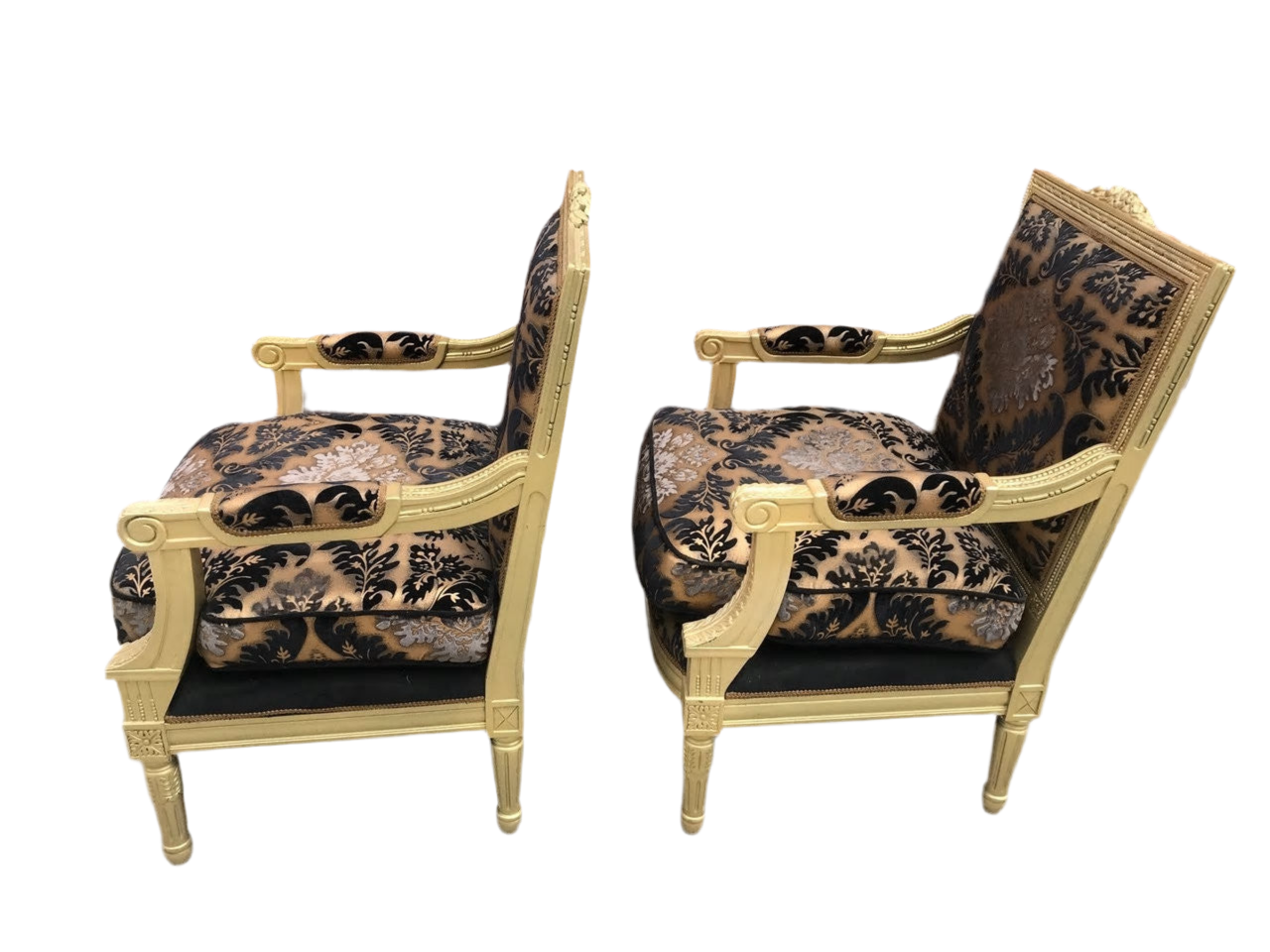 Antique Louis XVI Armchair With Carved Gold Frame Newly Reupholstered in a Patterned Velvet - Pair