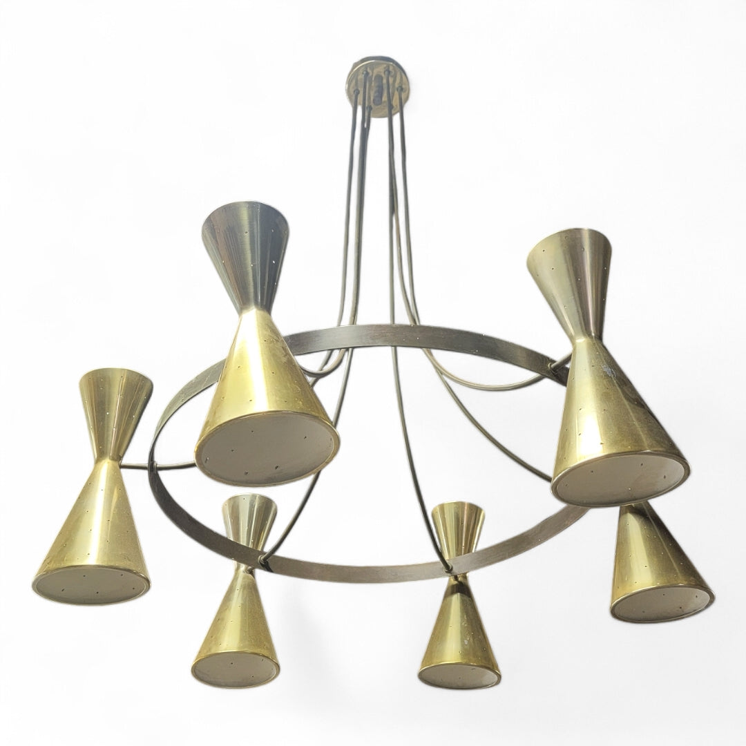 Mid Century Modern Atomic Brass Finish 6 Hourglass Double Sided Cone Chandelier