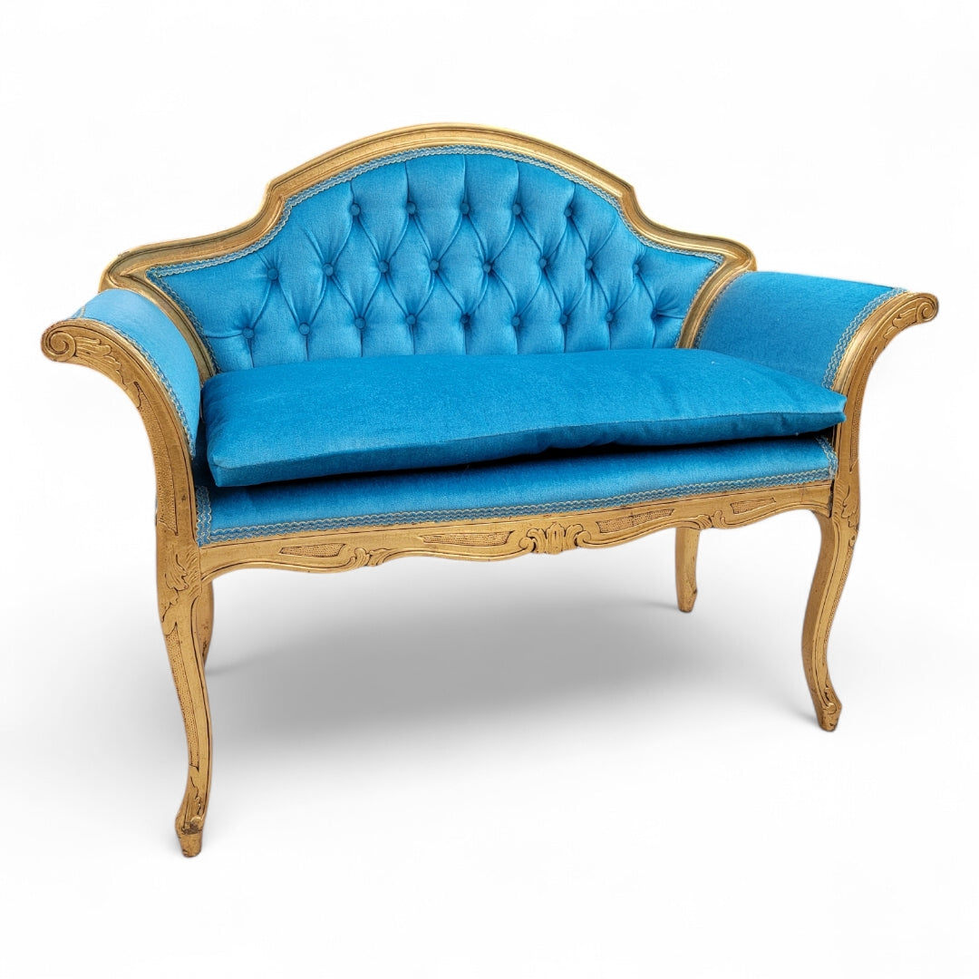 Antique French Regency Gold Gilded Tufted Petite Bench Newly Reupholstered Emerald Teal Mohair