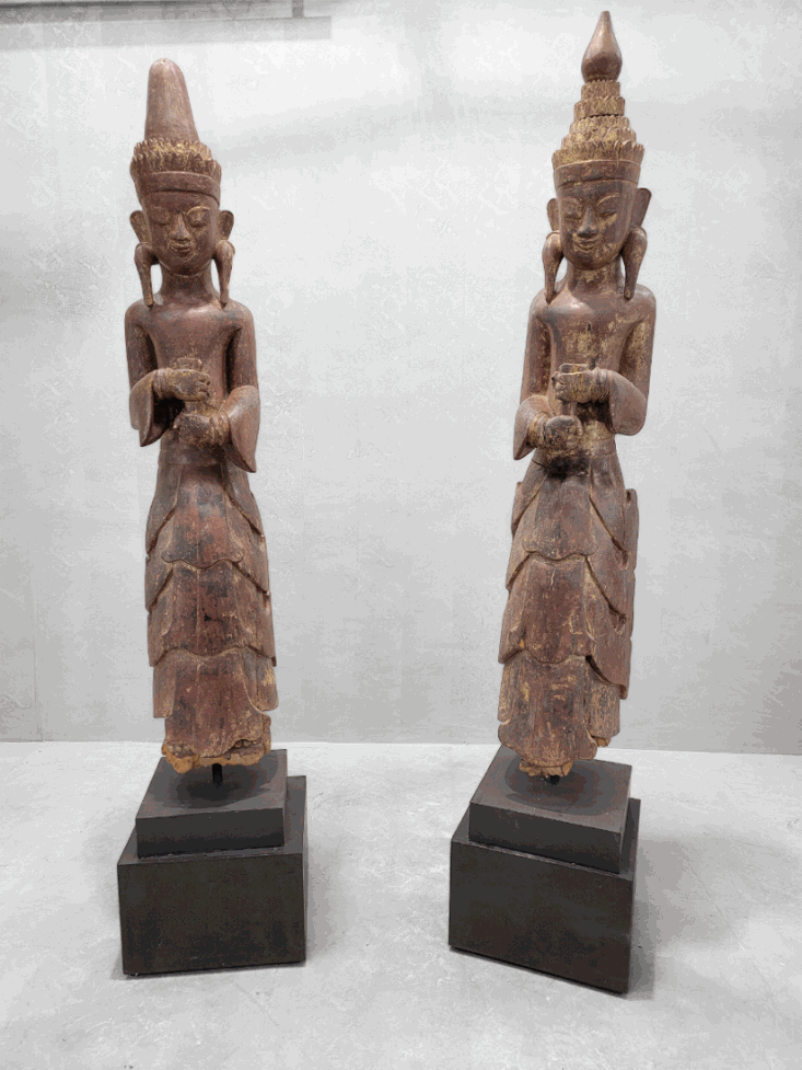 Antique Carved Lacquered Standing Burmese Monastic Attendant on Metal & Wood Pedestal Base - Set of 2