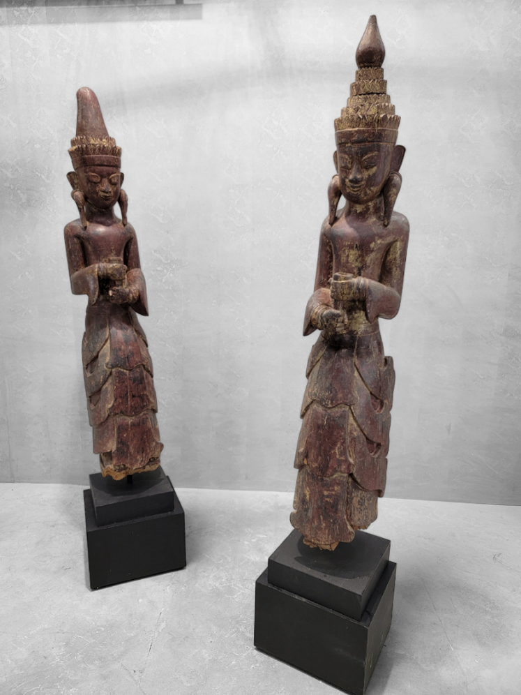 Antique Carved Lacquered Standing Burmese Monastic Attendant on Metal & Wood Pedestal Base - Set of 2