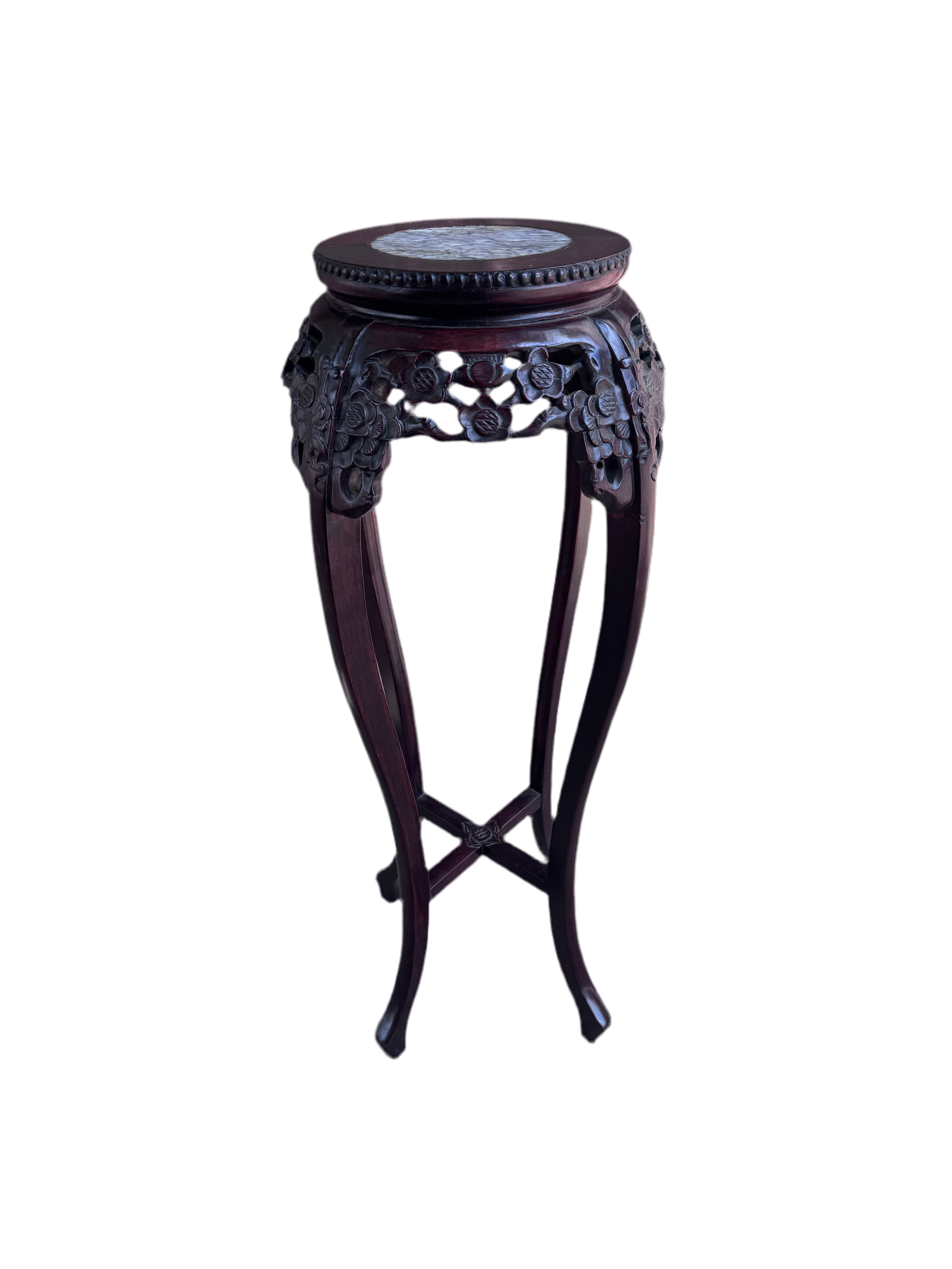 Antique Chinese Carved Rosewood & Rouge Marble Pedestal Stand Table