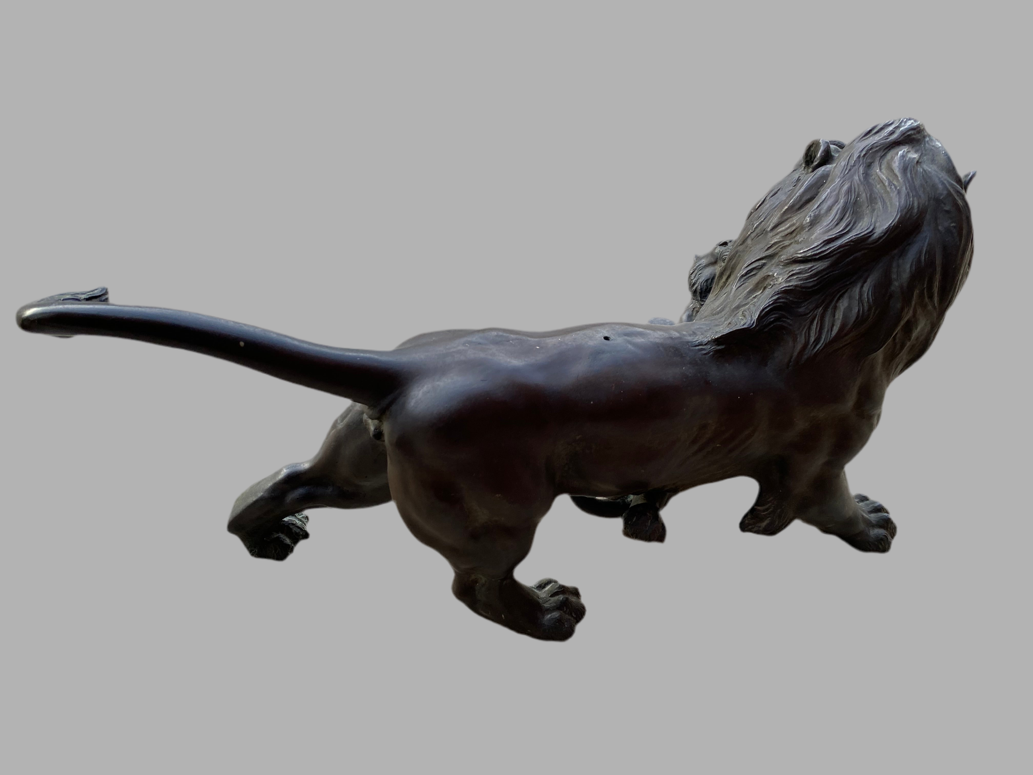 Antique Japanese Bronze Sculpture of Roaring Lion vs. Tiger