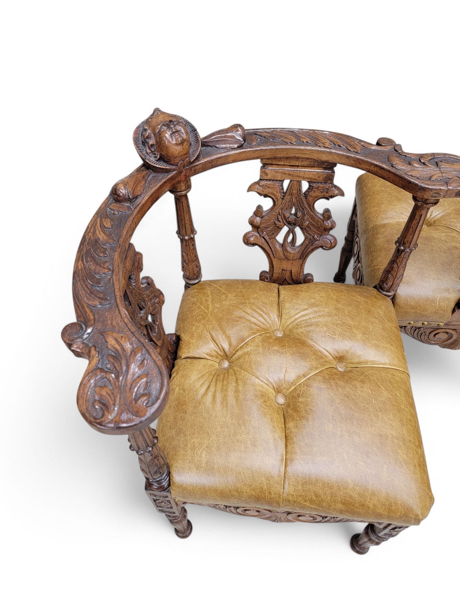 Antique Italian Renaissance Revival Ornate Carved Figural Tufted Tete-a-Tete Bench Newly Reupholstered in Leather