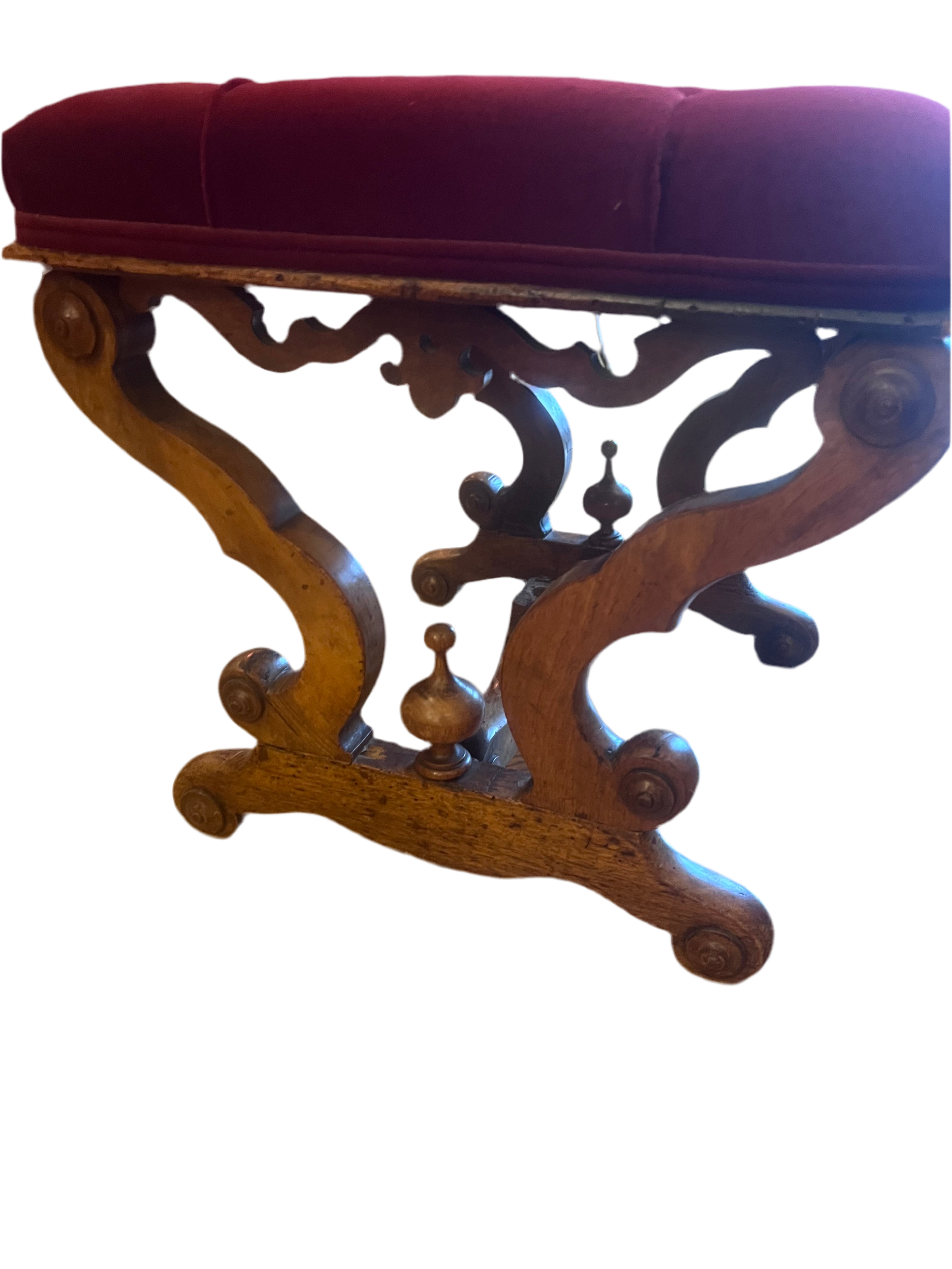 Antique Tufted Ottoman Newly Reupholstered in Burgundy Velvet