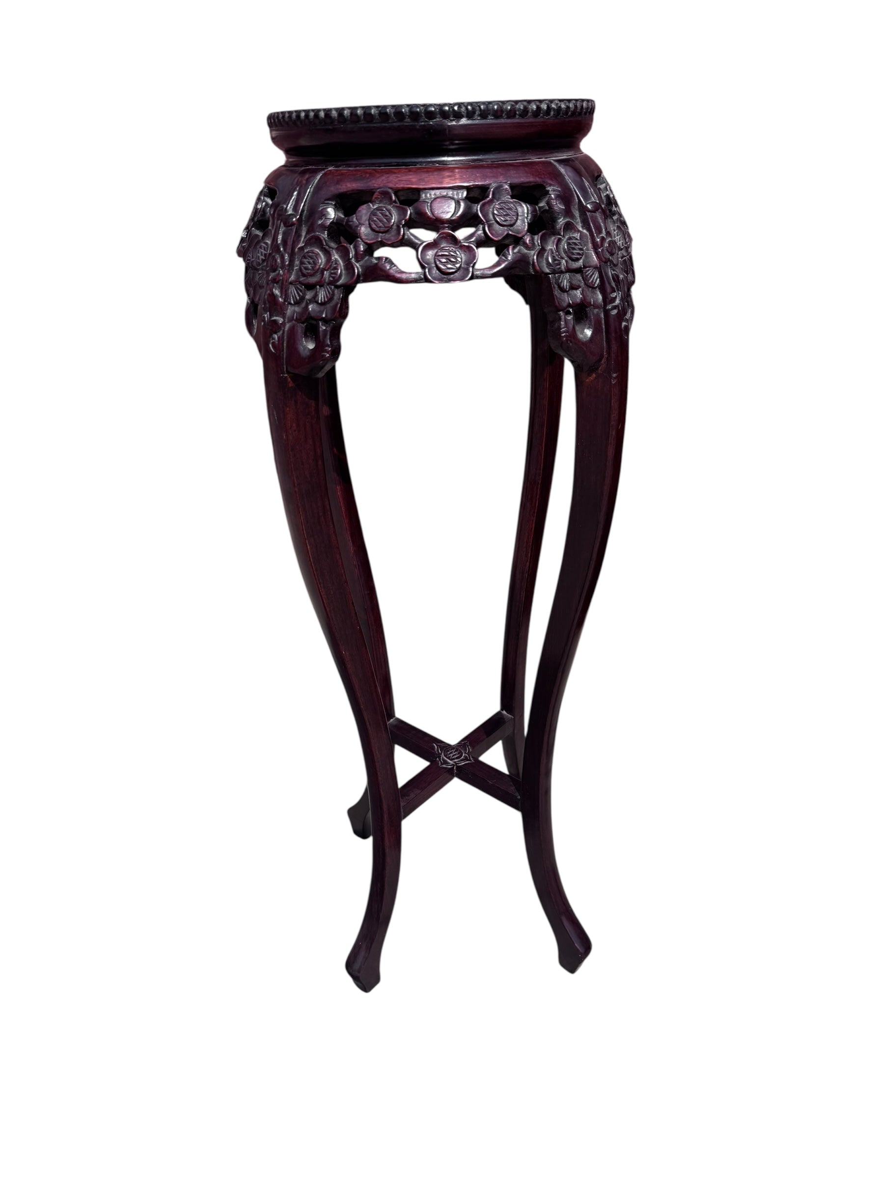 Antique Chinese Carved Rosewood & Rouge Marble Pedestal Stand Table