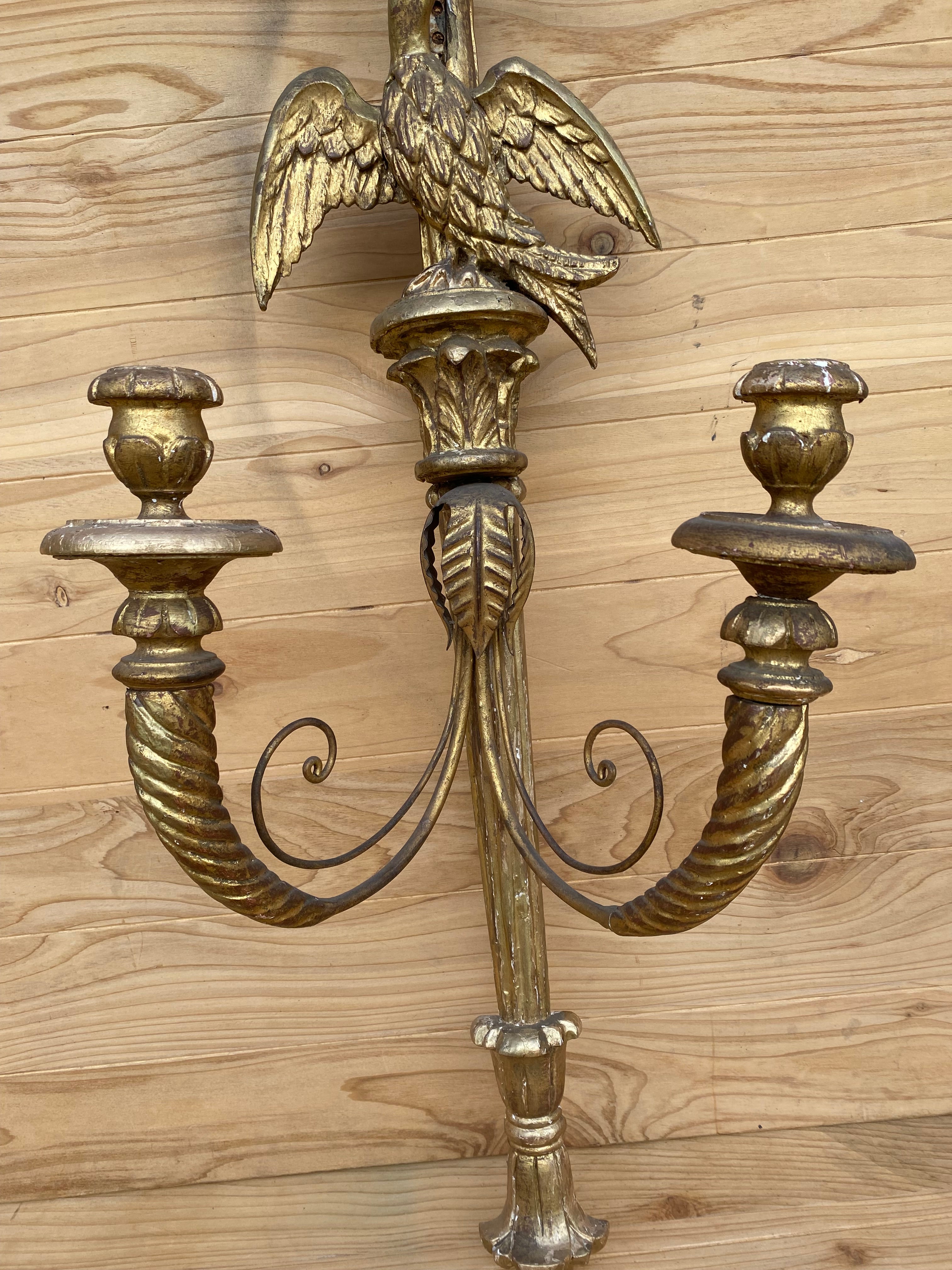 Antique Italian Federal Style Figural Carved Gold Gilded Candle Wall Sconce - Pair