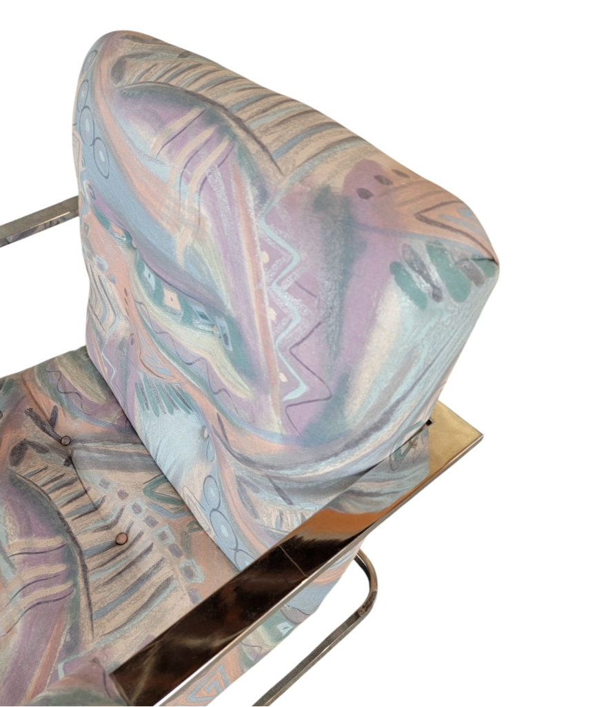 Postmodern Chrome Flat Bar Scoop Chair in Retro Fabric