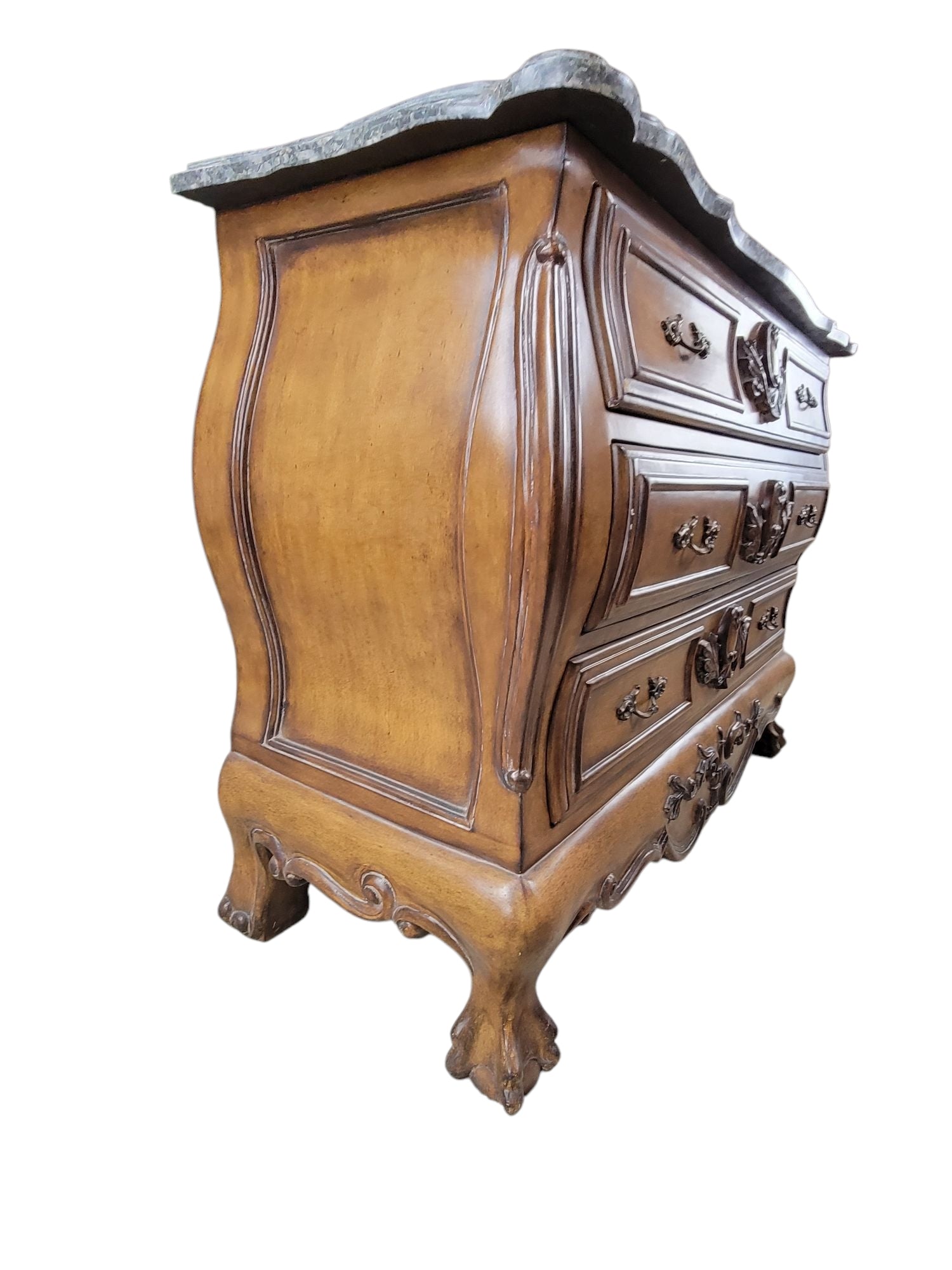 New - Vintage French Provincial Style Carved Bombe Chest with Stone Top