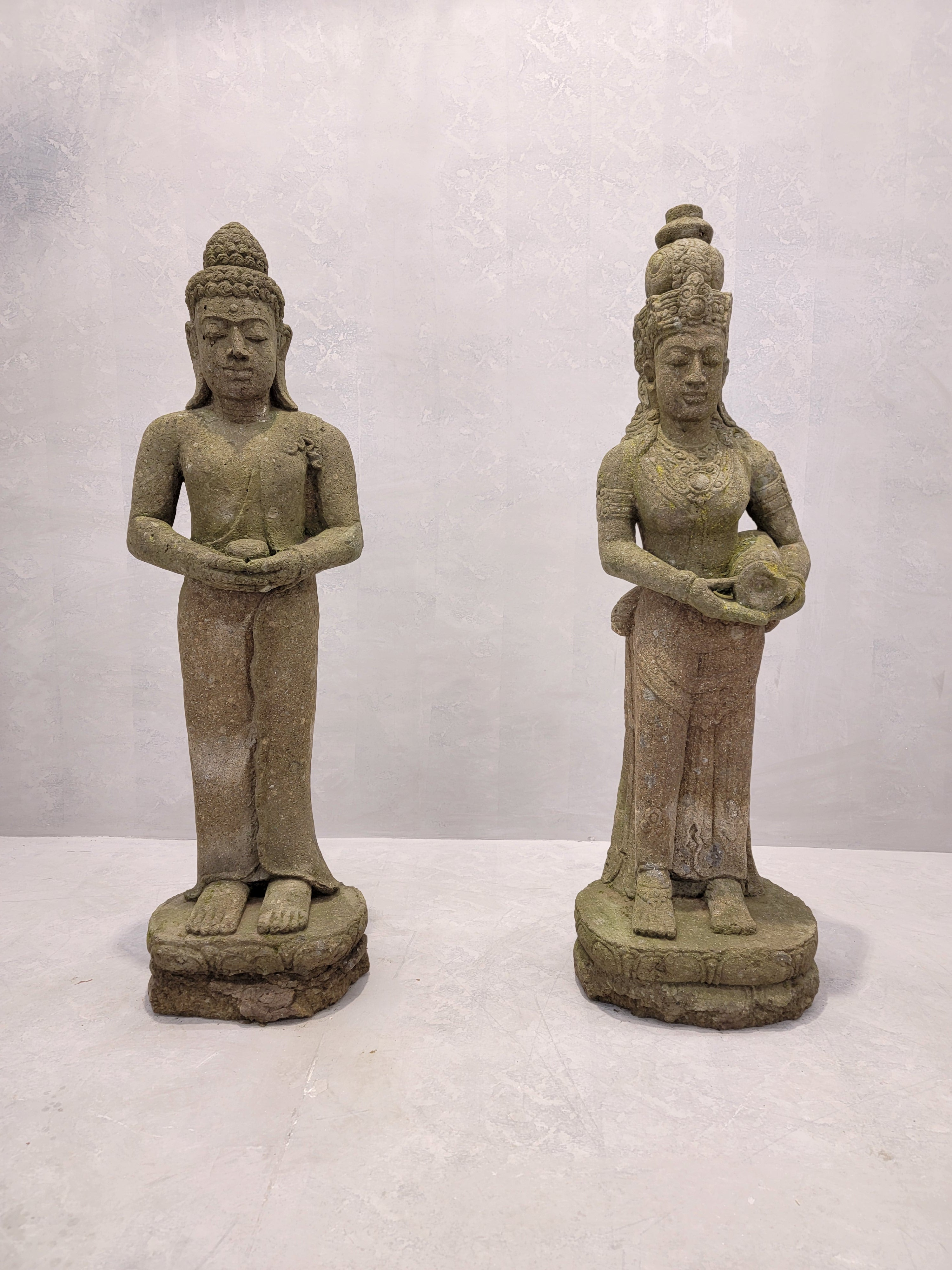 Antique Balinese Sculpted Buddha & Dewi Tara Goddess Indoor/Outdoor Garden Statues - Set of 2