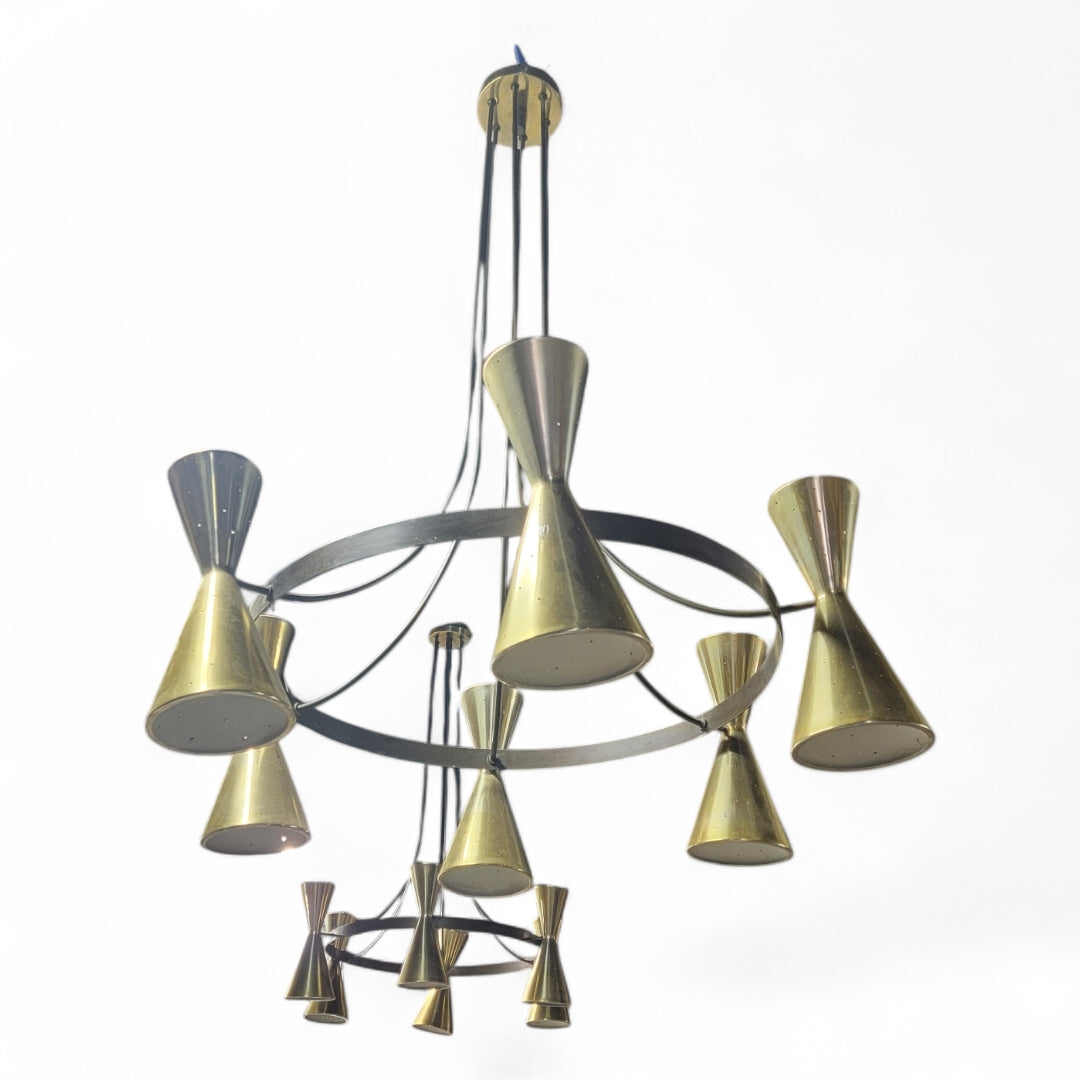 Mid Century Modern Atomic Brass Finish 6 Hourglass Double Sided Cone Chandelier