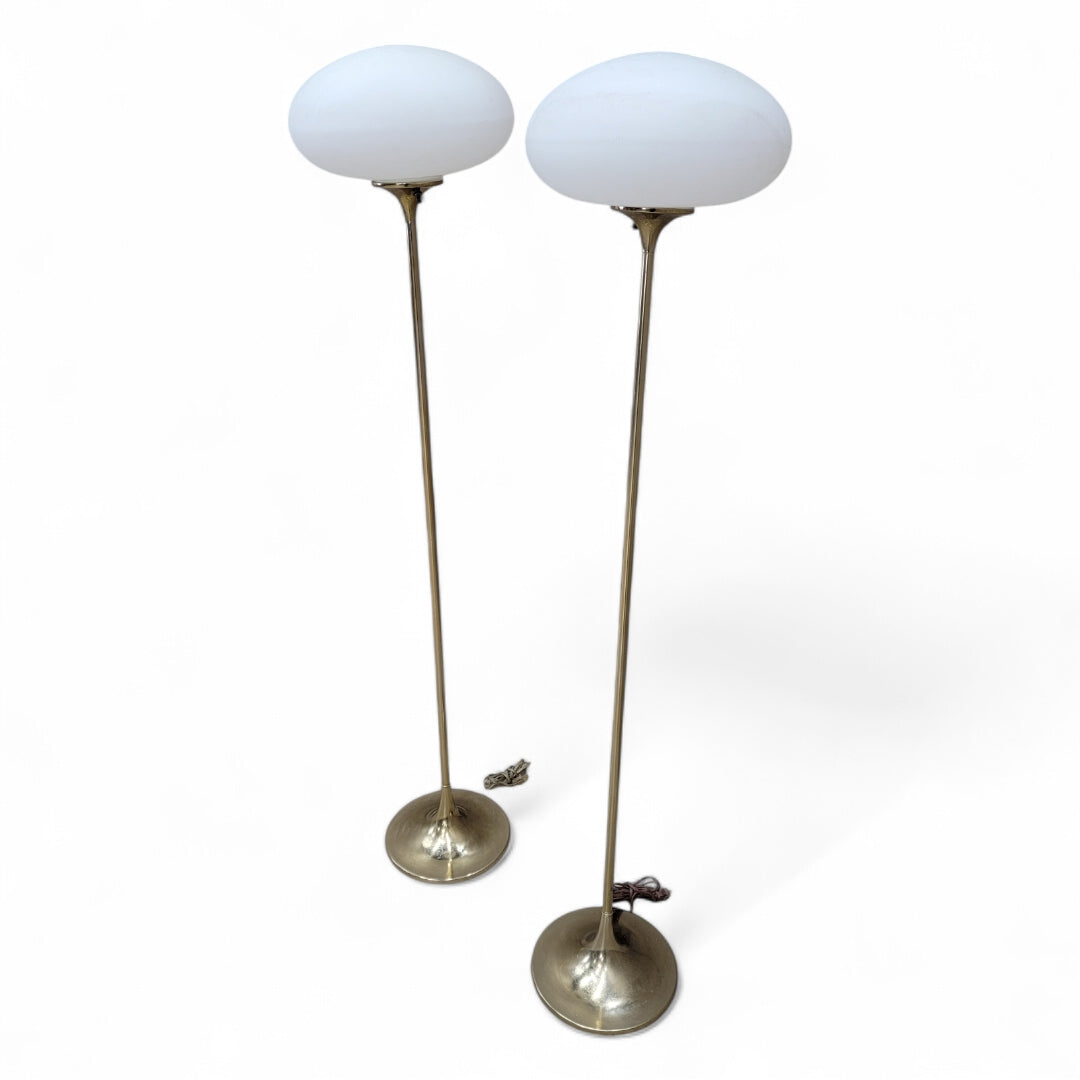 Mid Century Modern Laurel Brass Tulip Base with Milk-Glass Shade Mushroom Floor Lamps - Pair