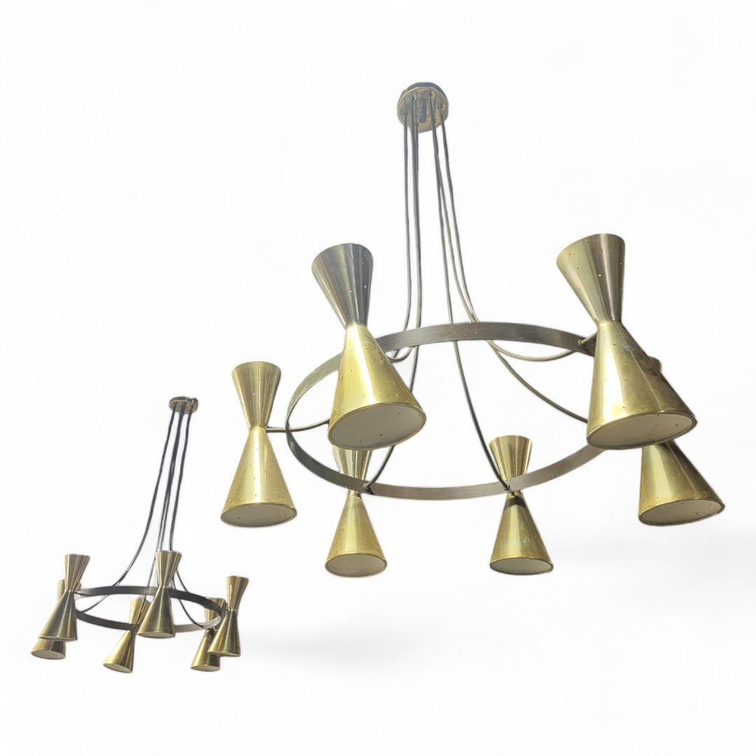 Mid Century Modern Atomic Brass Finish 6 Hourglass Double Sided Cone Chandelier