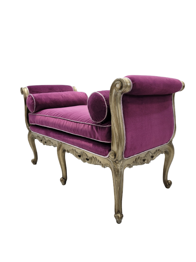 Vintage Marge Carson Carved Beauvais Bench Settee Newly Reupholstered in Velvet