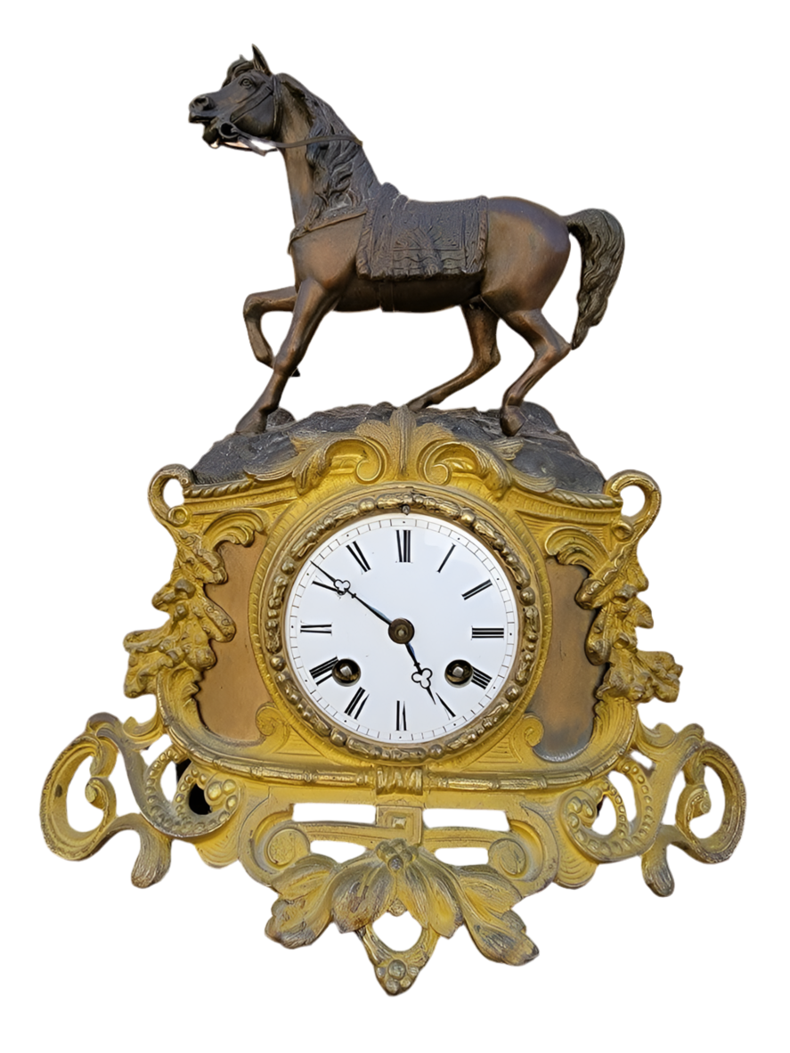 Antique French Neoclassical Bronze Horse Topped Mantel Clock
