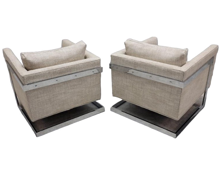 Mid Century Modern Milo Baughman Chrome Flat Bar Cantilever Chairs Newly Reupholstered - Pair