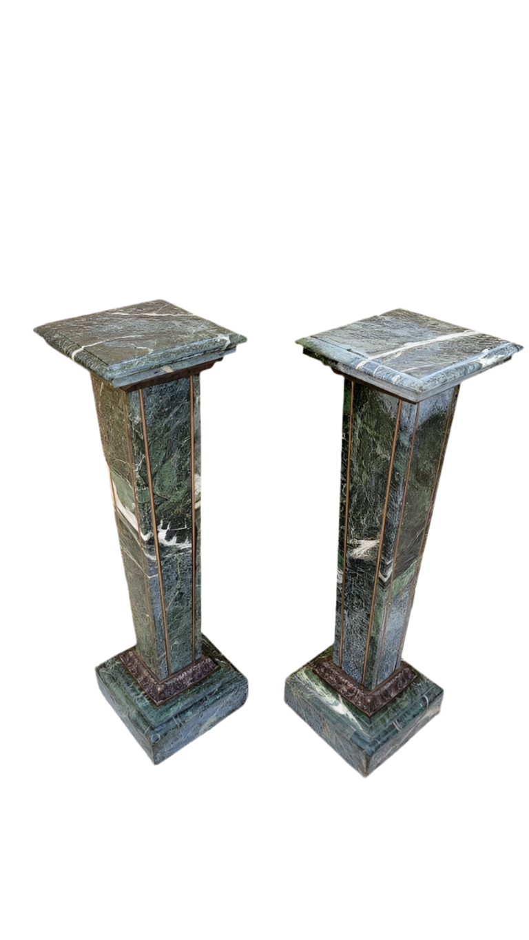 Antique Italian Louis XV Style Green Marble and Bronze Pedestals - Pair