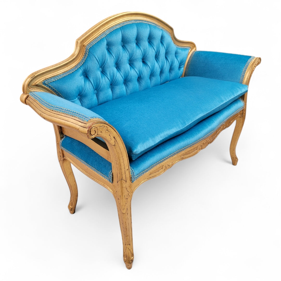 Antique French Regency Gold Gilded Tufted Petite Bench Newly Reupholstered Emerald Teal Mohair
