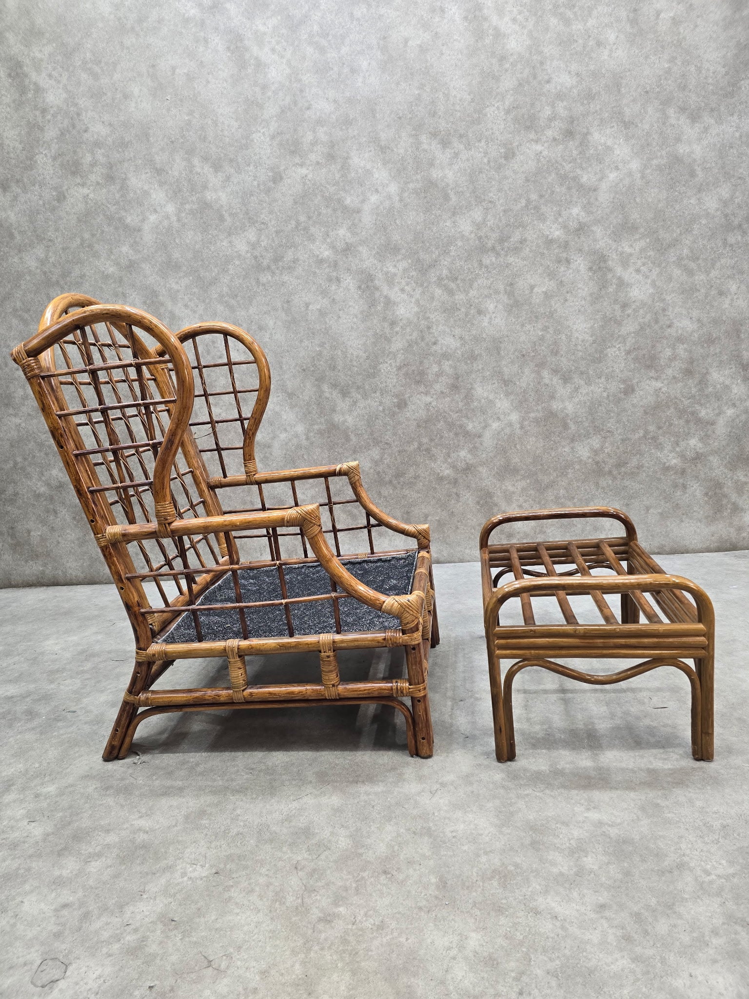 Mid Century Modern Wicker Chair and Ottoman for Reupholstery