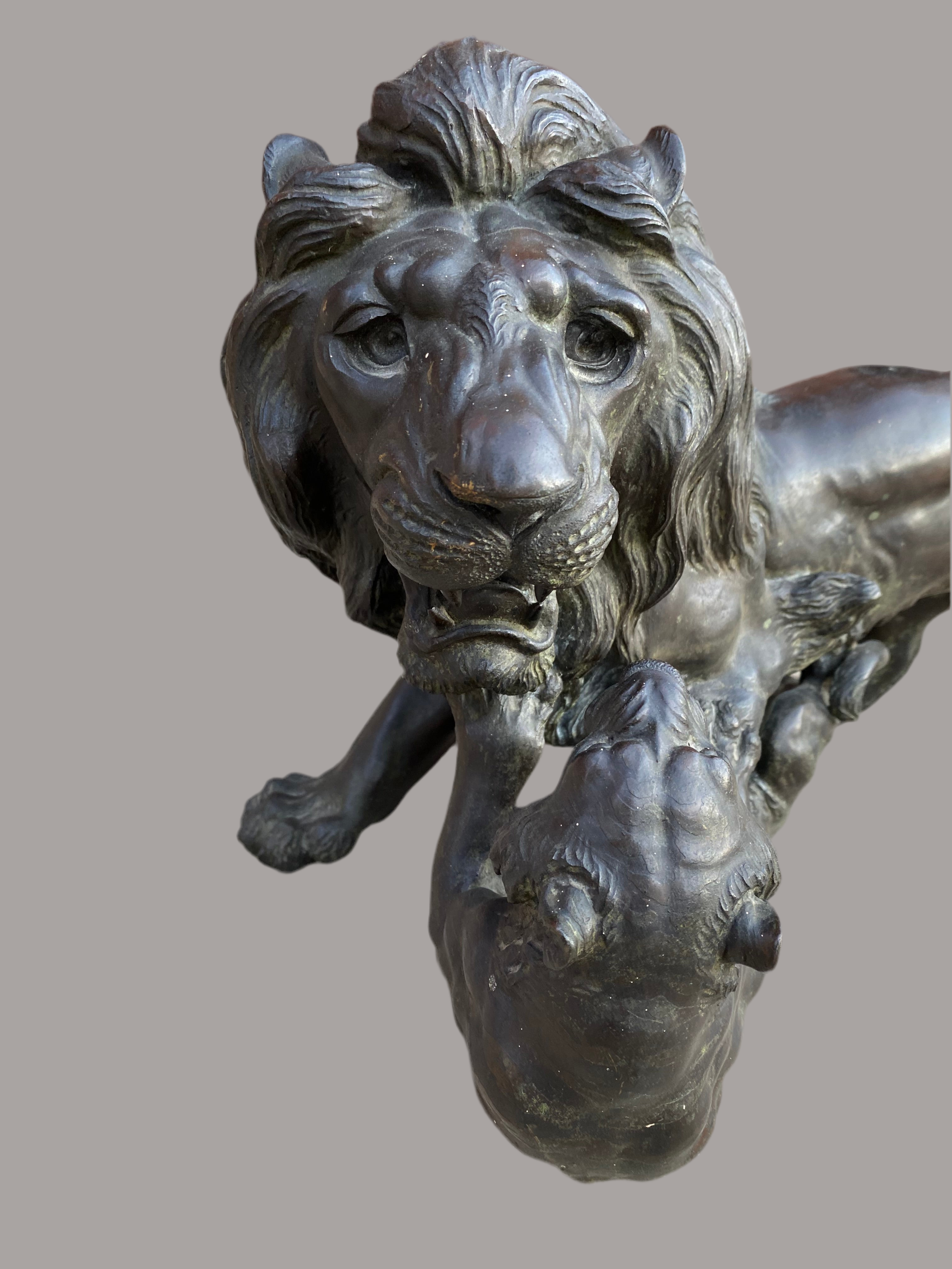 Antique Japanese Bronze Sculpture of Roaring Lion vs. Tiger