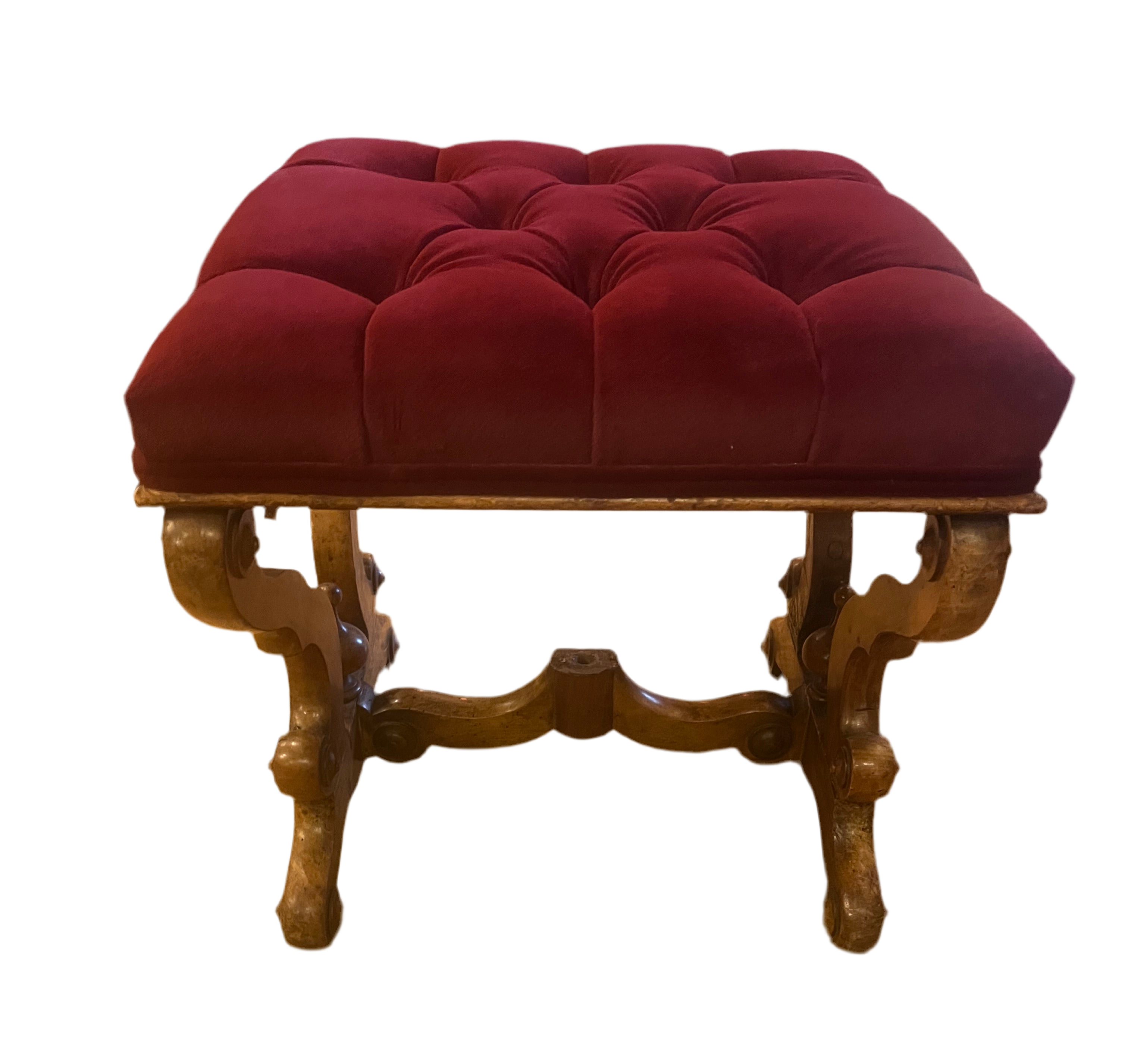 Antique Tufted Ottoman Newly Reupholstered in Burgundy Velvet