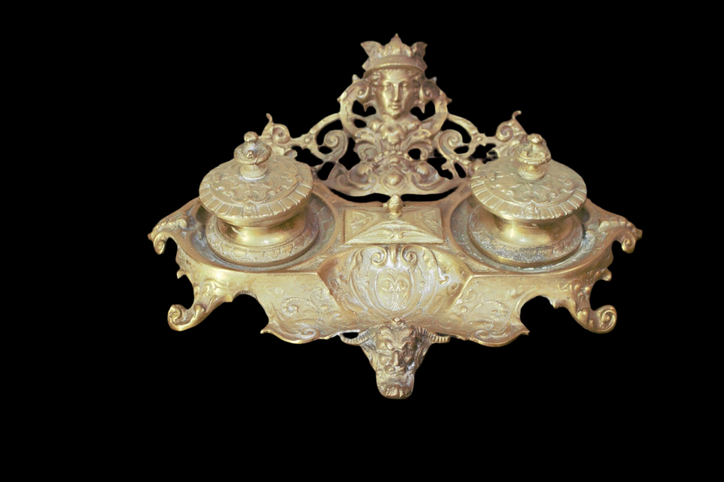 Antique French Figural Louis XV Style Bronze Double Inkstand with Pen Holder