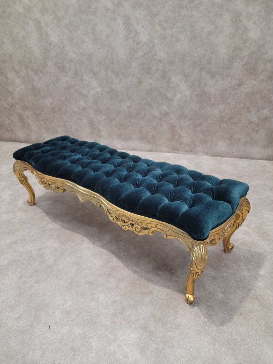 Antique Italian Rococo Style Carved Gilt Tufted Bench Newly Reupholstered in Velvet
