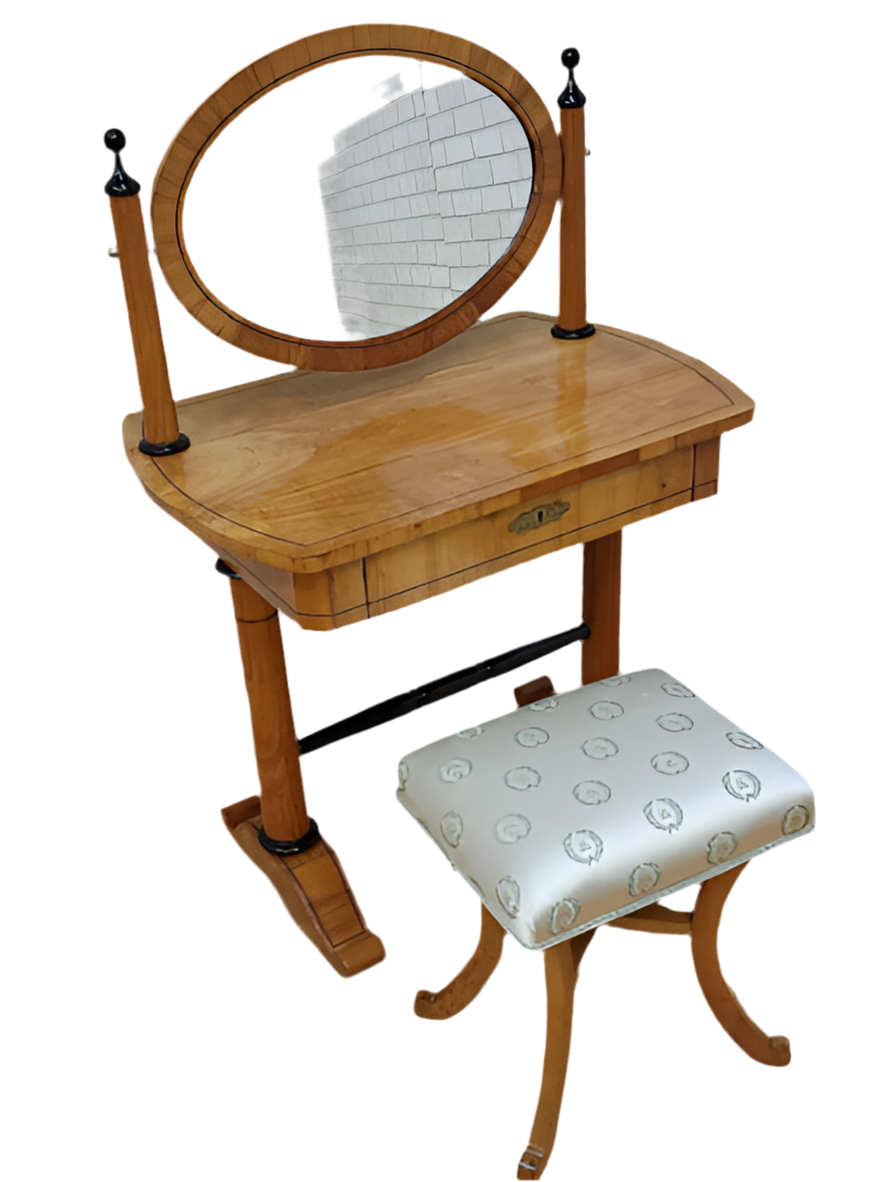 Antique Biedermeier Style Cherrywood Swing Mirror Vanity Table & Stool