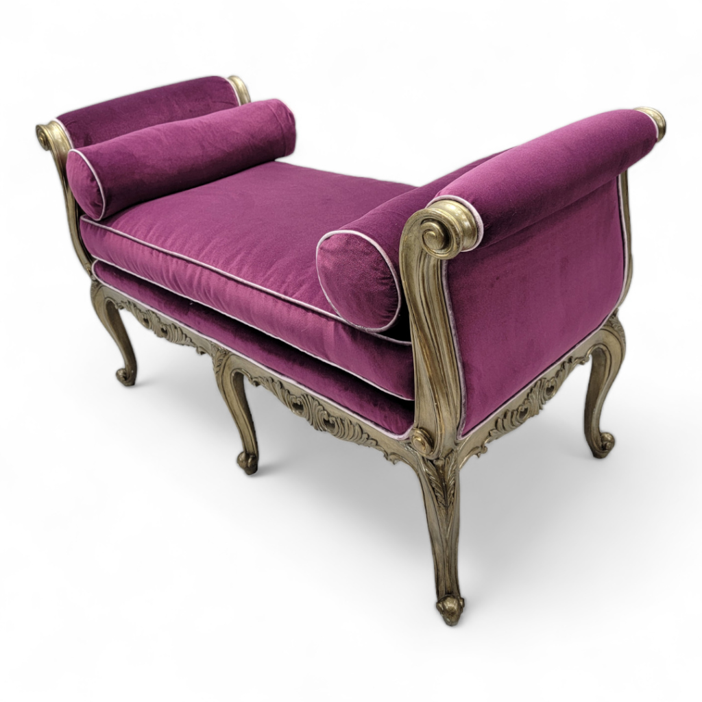 Vintage Marge Carson Carved Beauvais Bench Settee Newly Reupholstered in Velvet