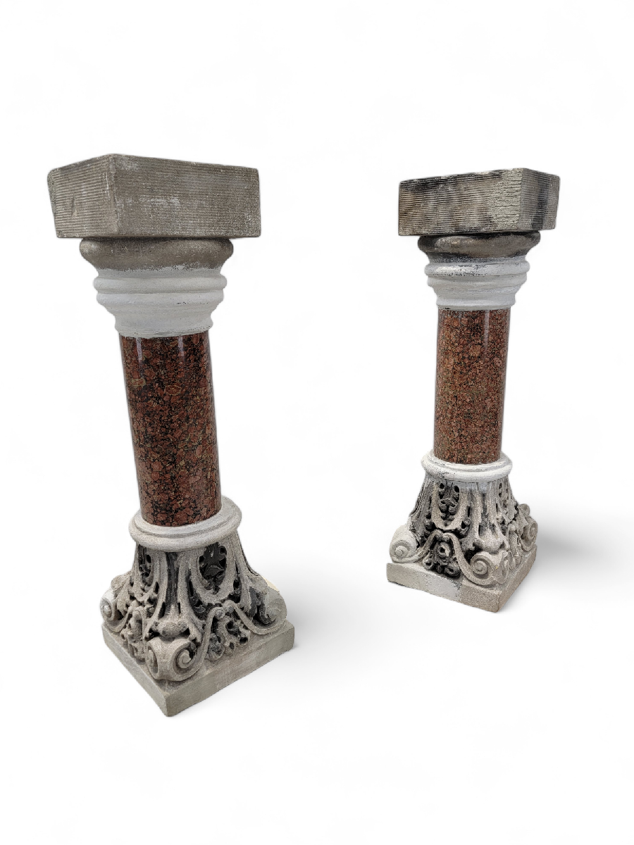 Antique Italian Marble & Stone Pedestals from Roman Church Altar - Pair