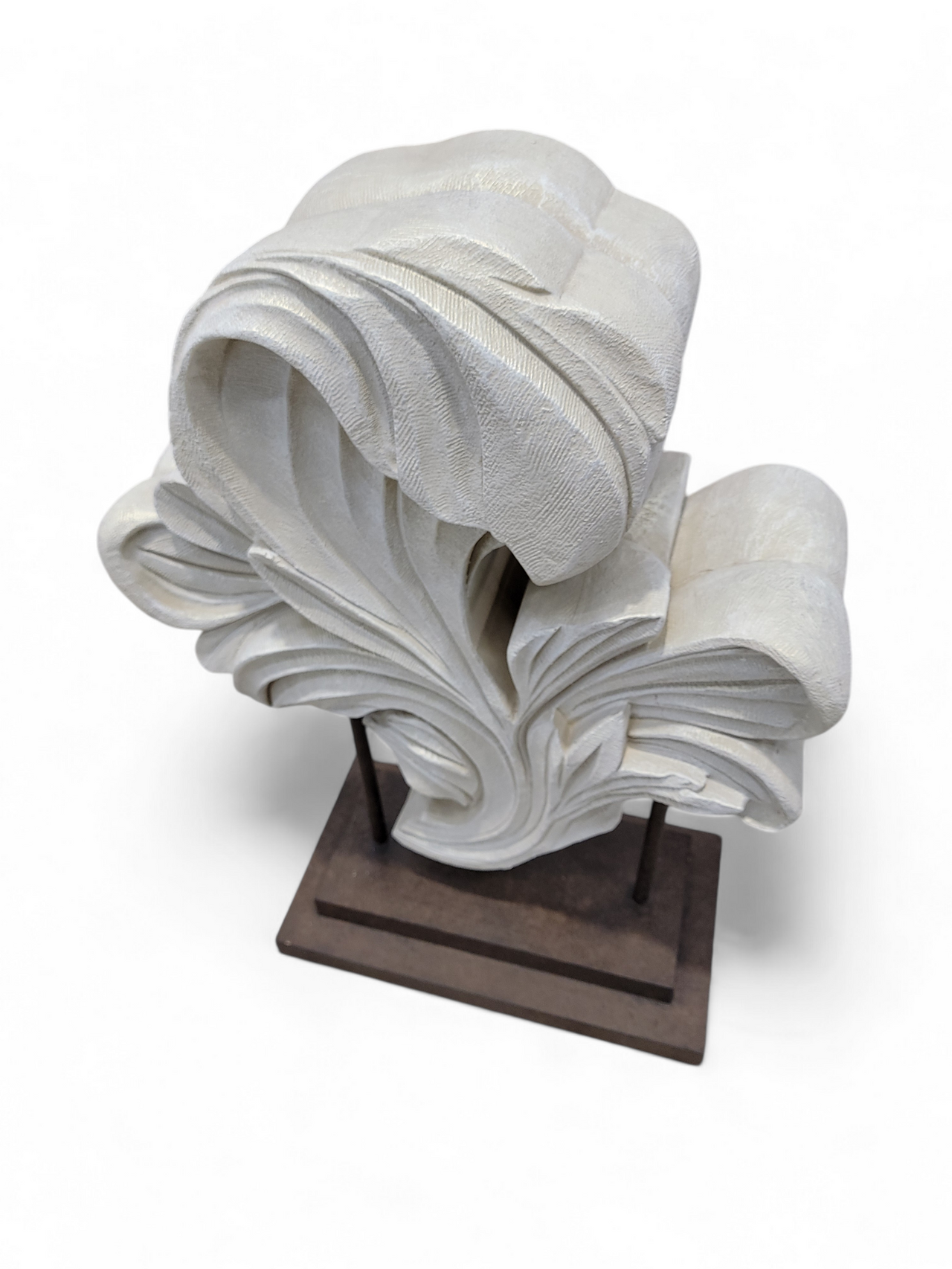 Vintage Sculpted Resin Scrolled Acanthus Leaf Sculpture on a Metal Stand