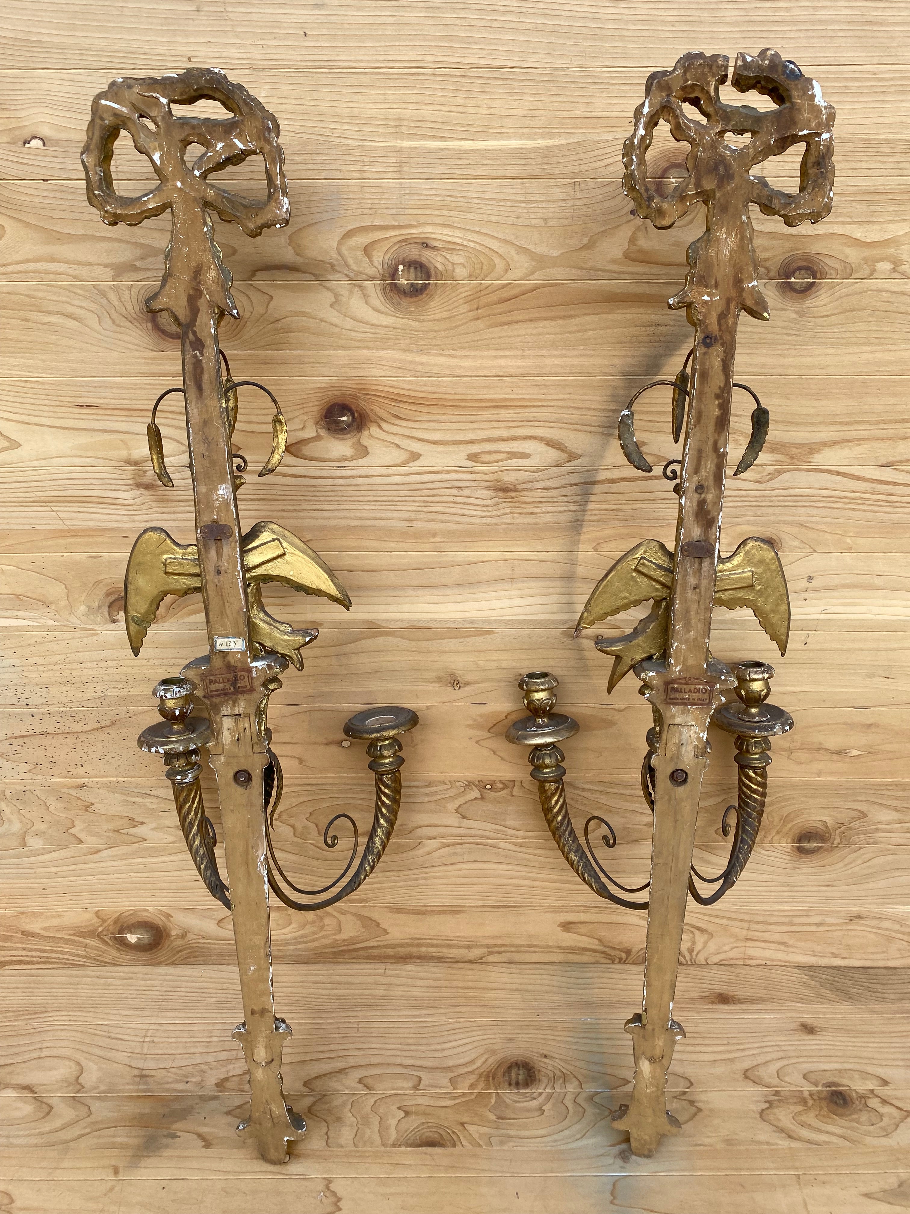 Antique Italian Federal Style Figural Carved Gold Gilded Candle Wall Sconce - Pair