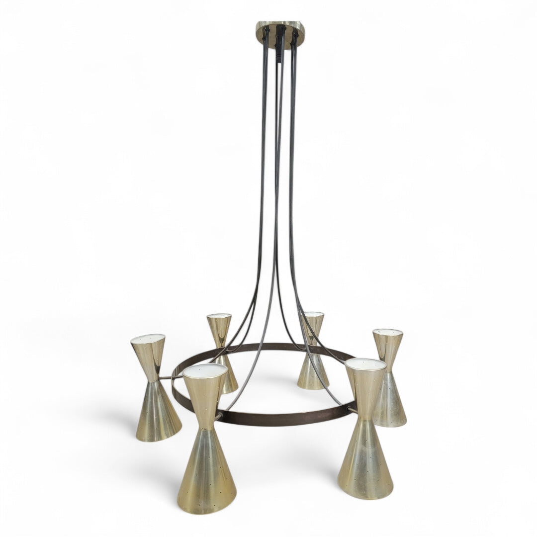 Mid Century Modern Atomic Brass Finish 6 Hourglass Double Sided Cone Chandelier