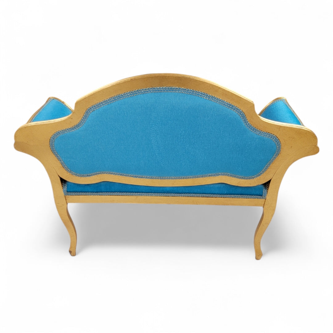 Antique French Regency Gold Gilded Tufted Petite Bench Newly Reupholstered Emerald Teal Mohair
