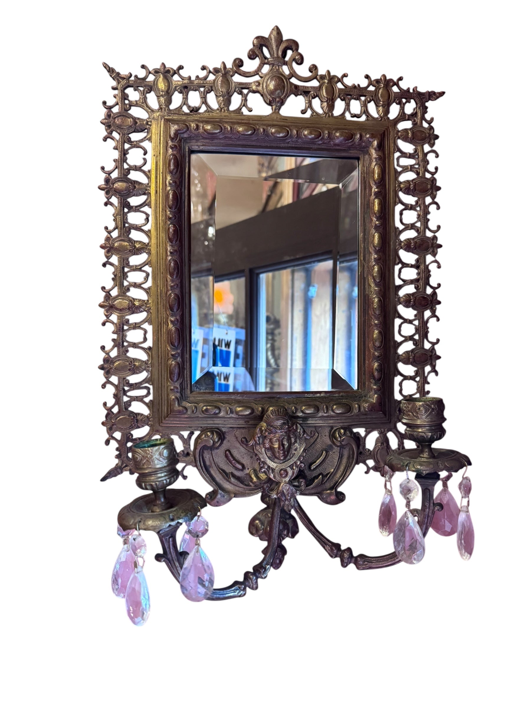 Antique Victorian Devil Fantasy Style Ornate Figural Beveled Mirror Candle Sconces