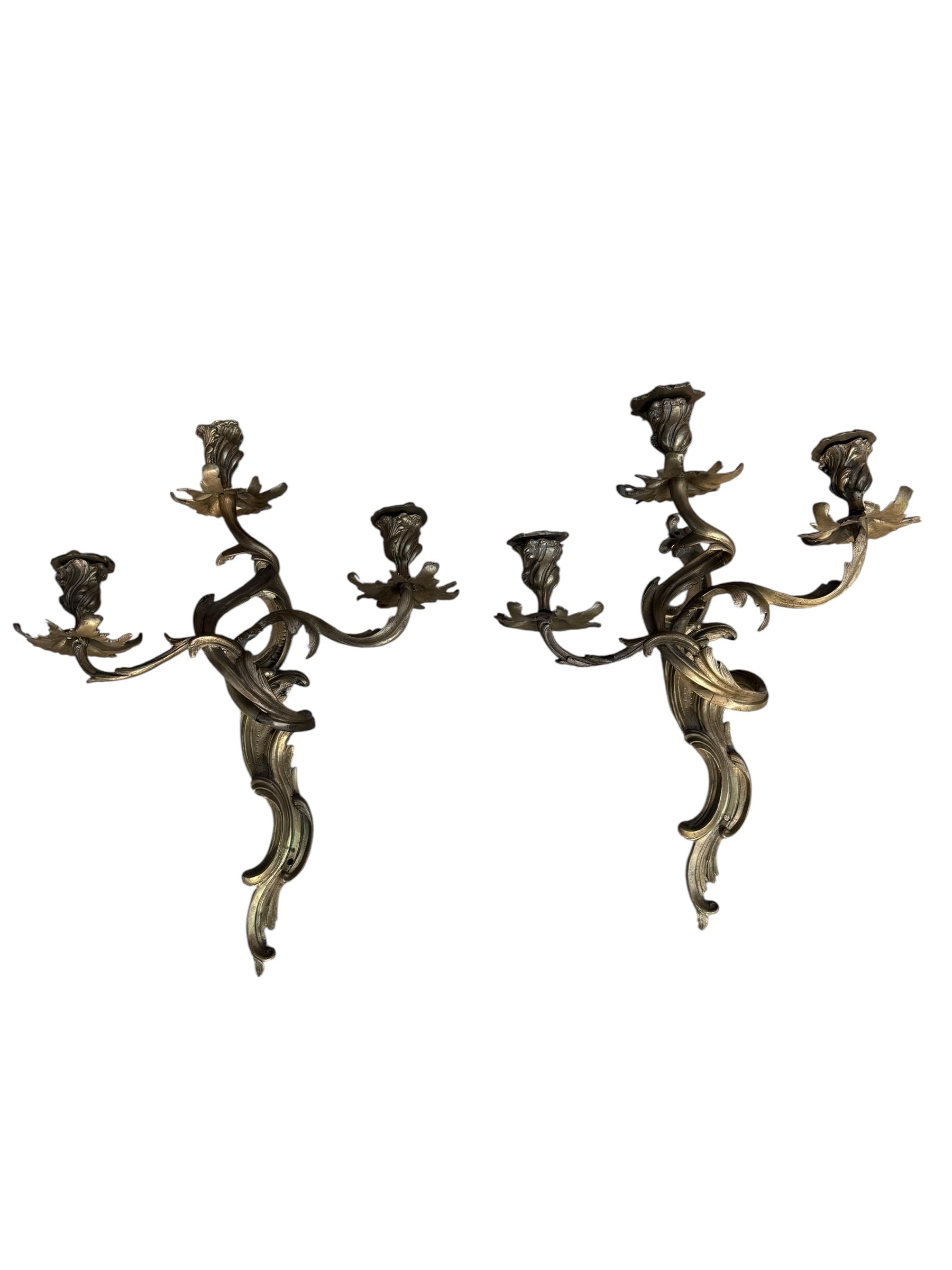 Antique French Louis XV Style Three Light Bronze Wall Candle Sconces - Pair