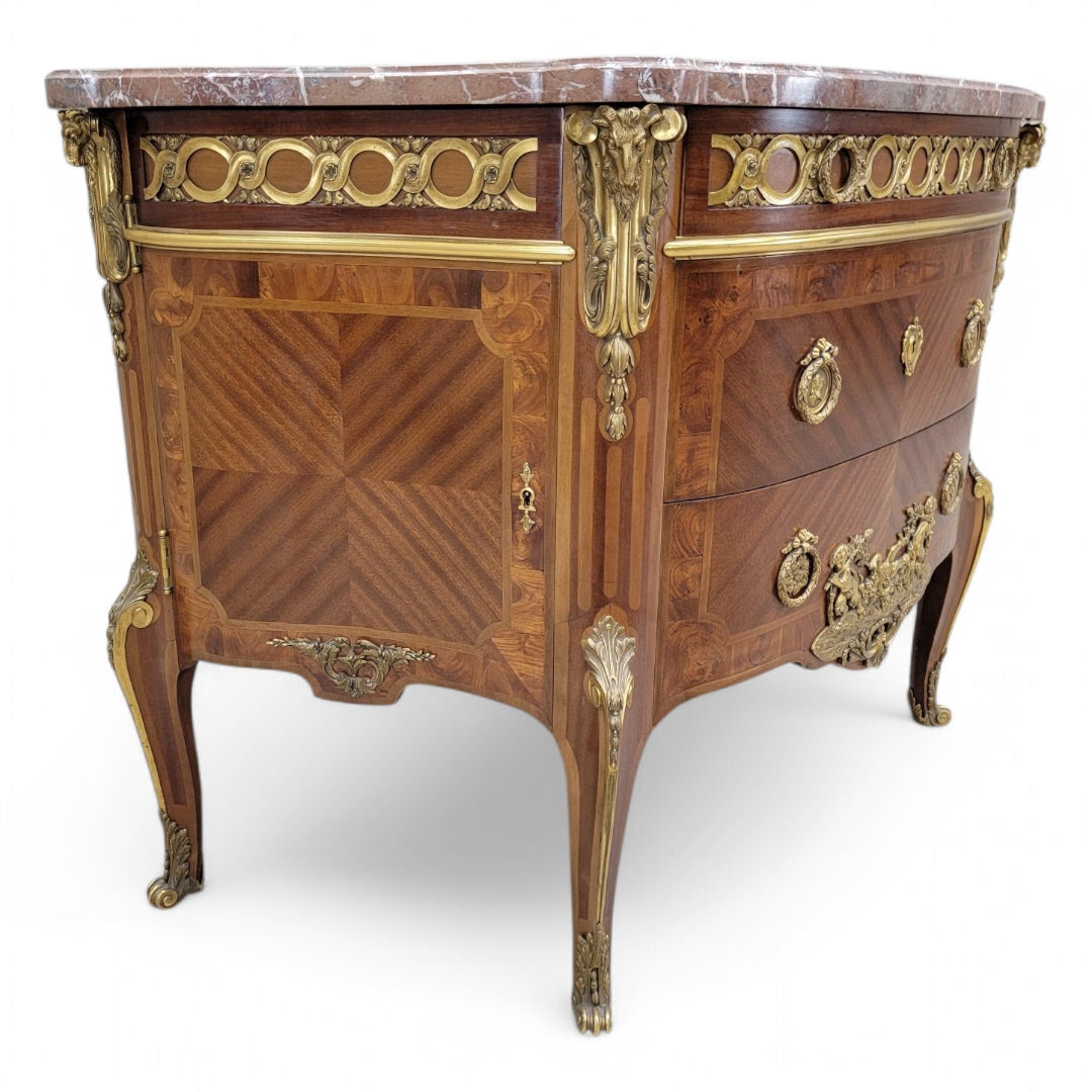 Antique French Acajou and Tulipwood Gilt Bronze Marble Top Commode in the Style of Paul-Charles Sormani