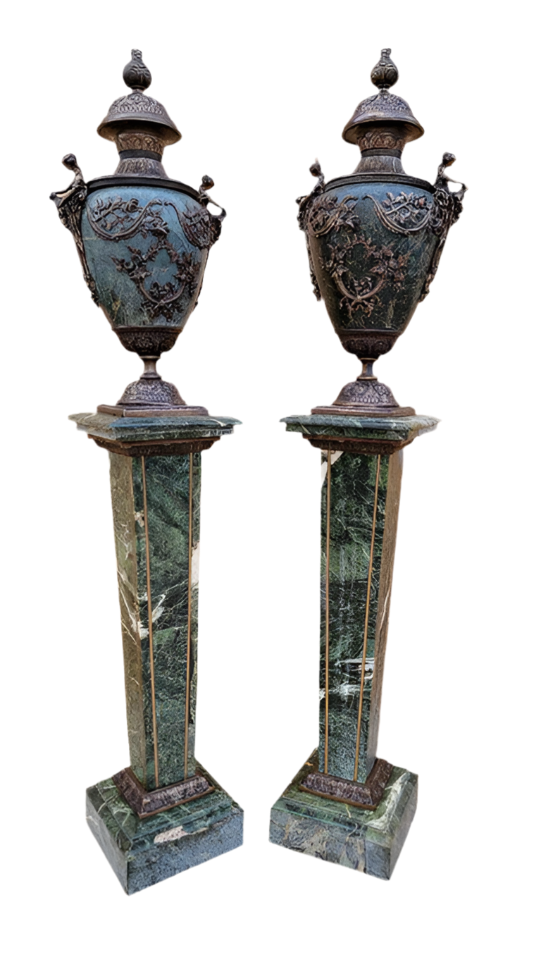 Antique Italian Louis XV Style Green Marble and Bronze Pedestals - Pair