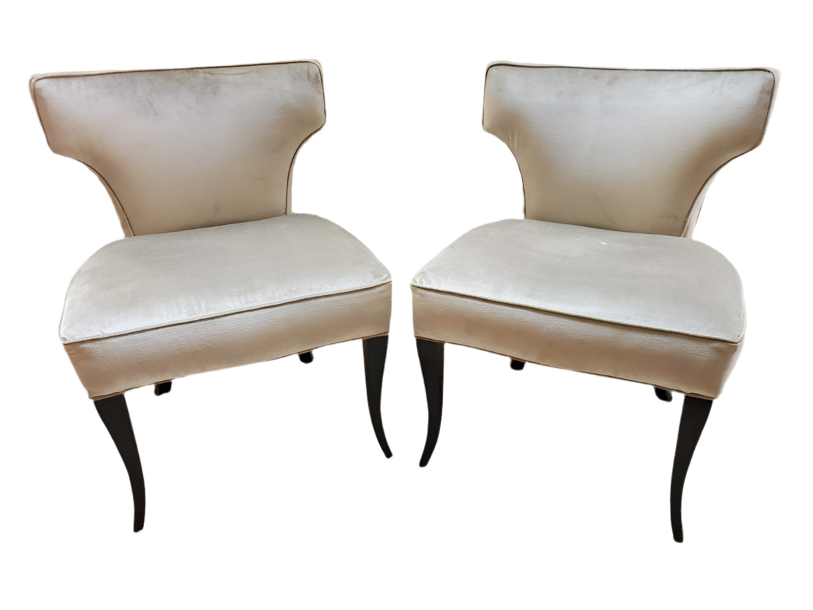 Mid Century Modern T Back Ebonized Cabriole Legs Side Chairs Newly Reupholstered - Pair