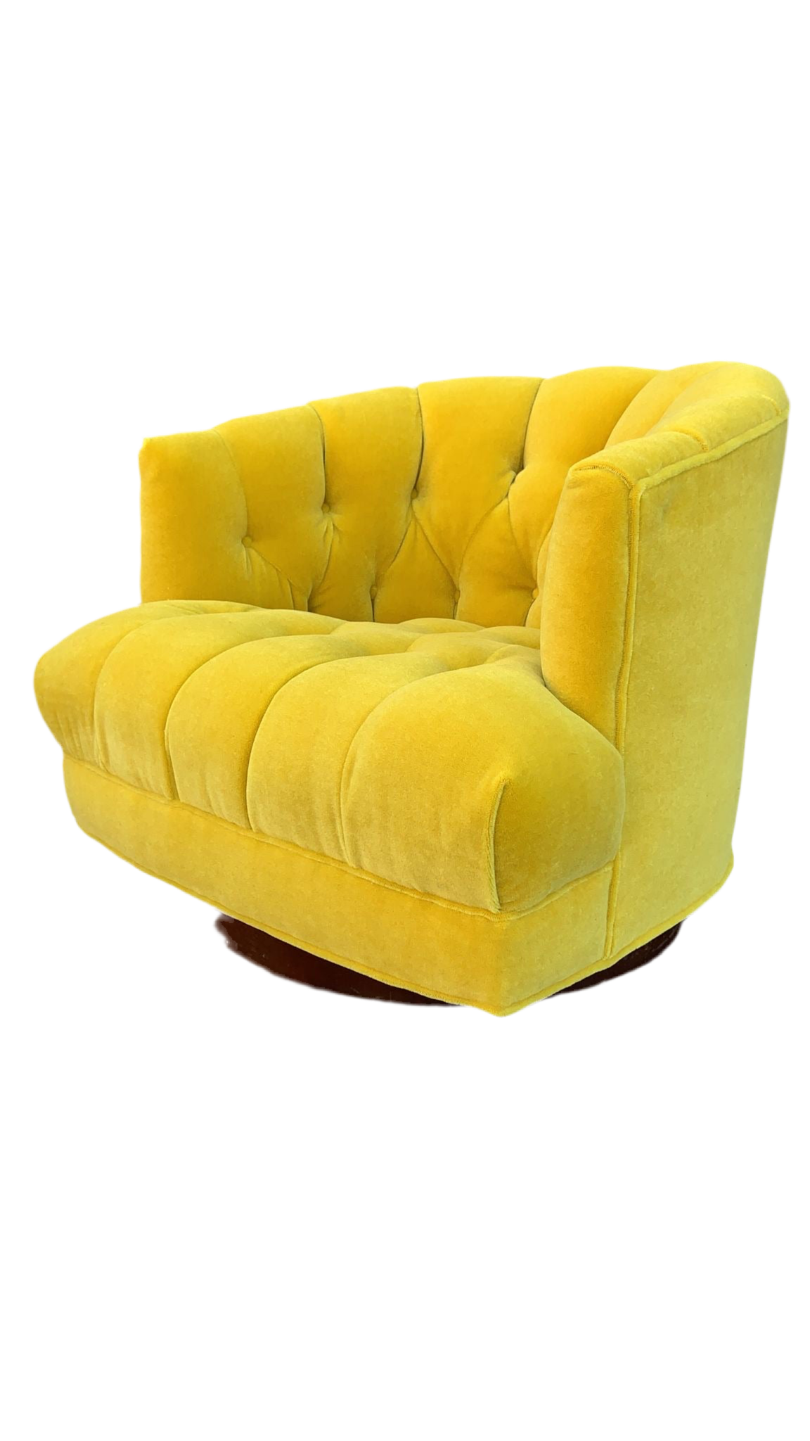 Mid Century Modern Tufted Barrel Back Swivel Lounge Chair Newly Reupholstered in Yellow Mohair