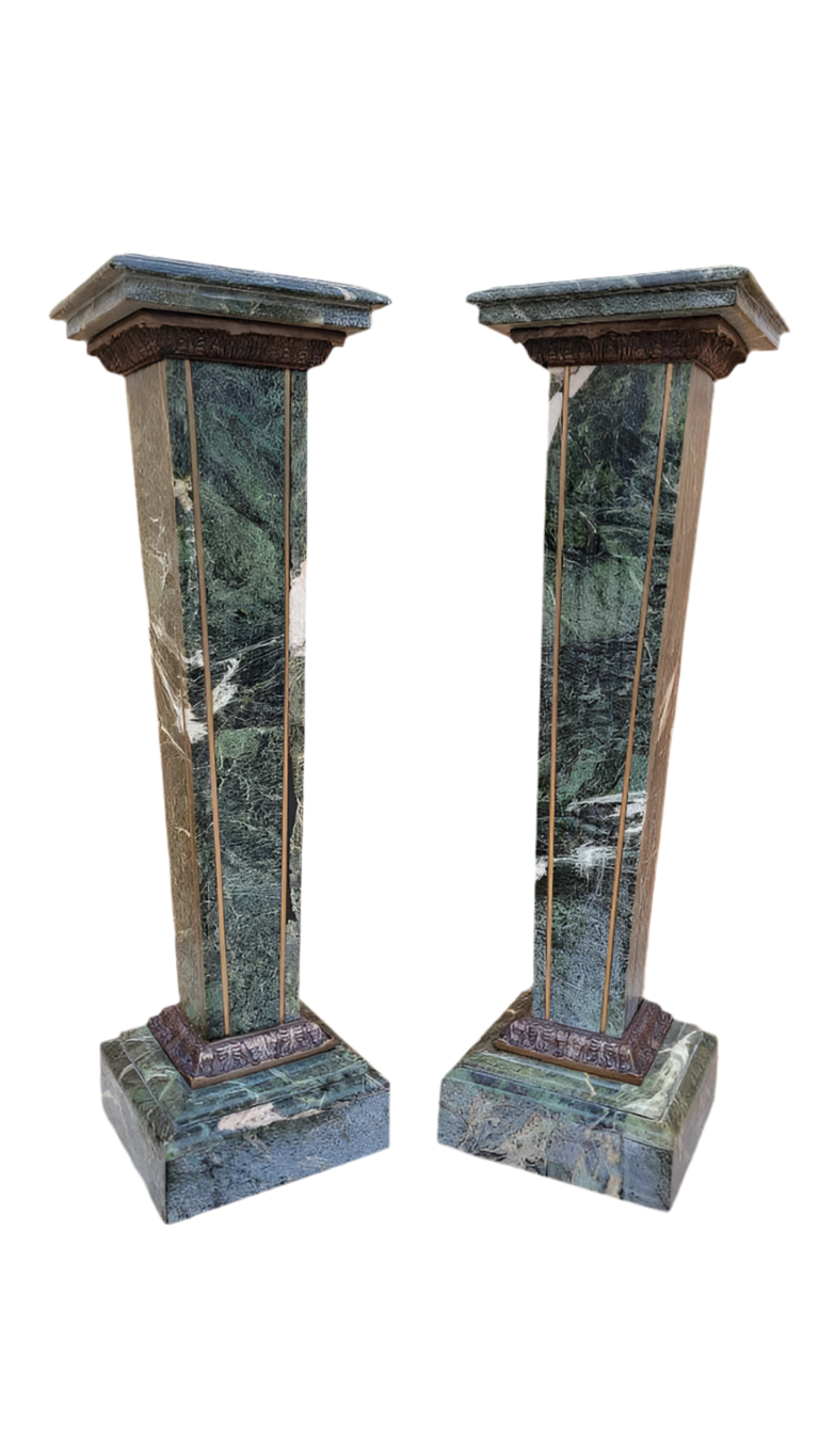 Antique Italian Louis XV Style Green Marble and Bronze Pedestals - Pair