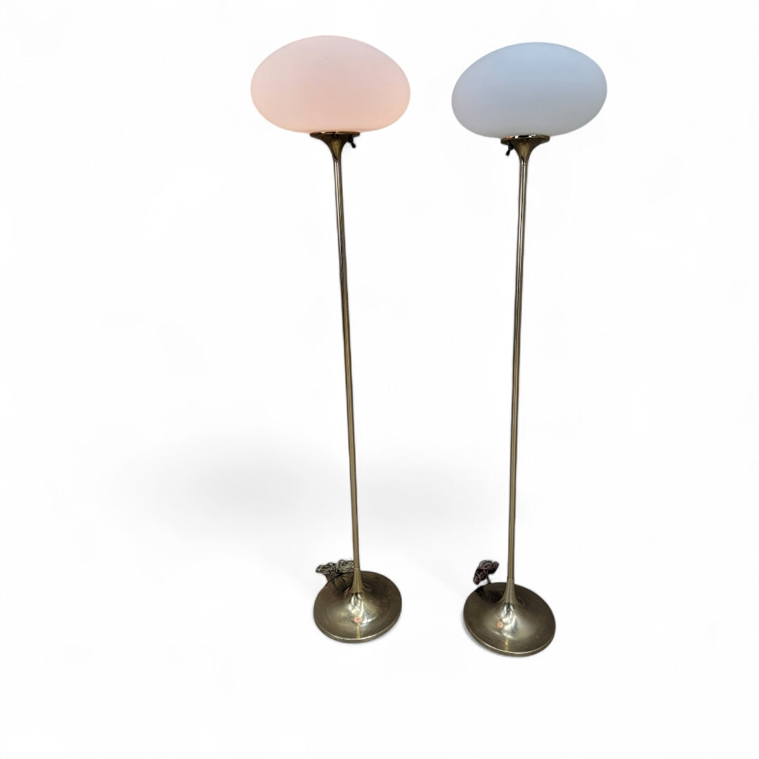 Mid Century Modern Laurel Brass Tulip Base with Milk-Glass Shade Mushroom Floor Lamps - Pair