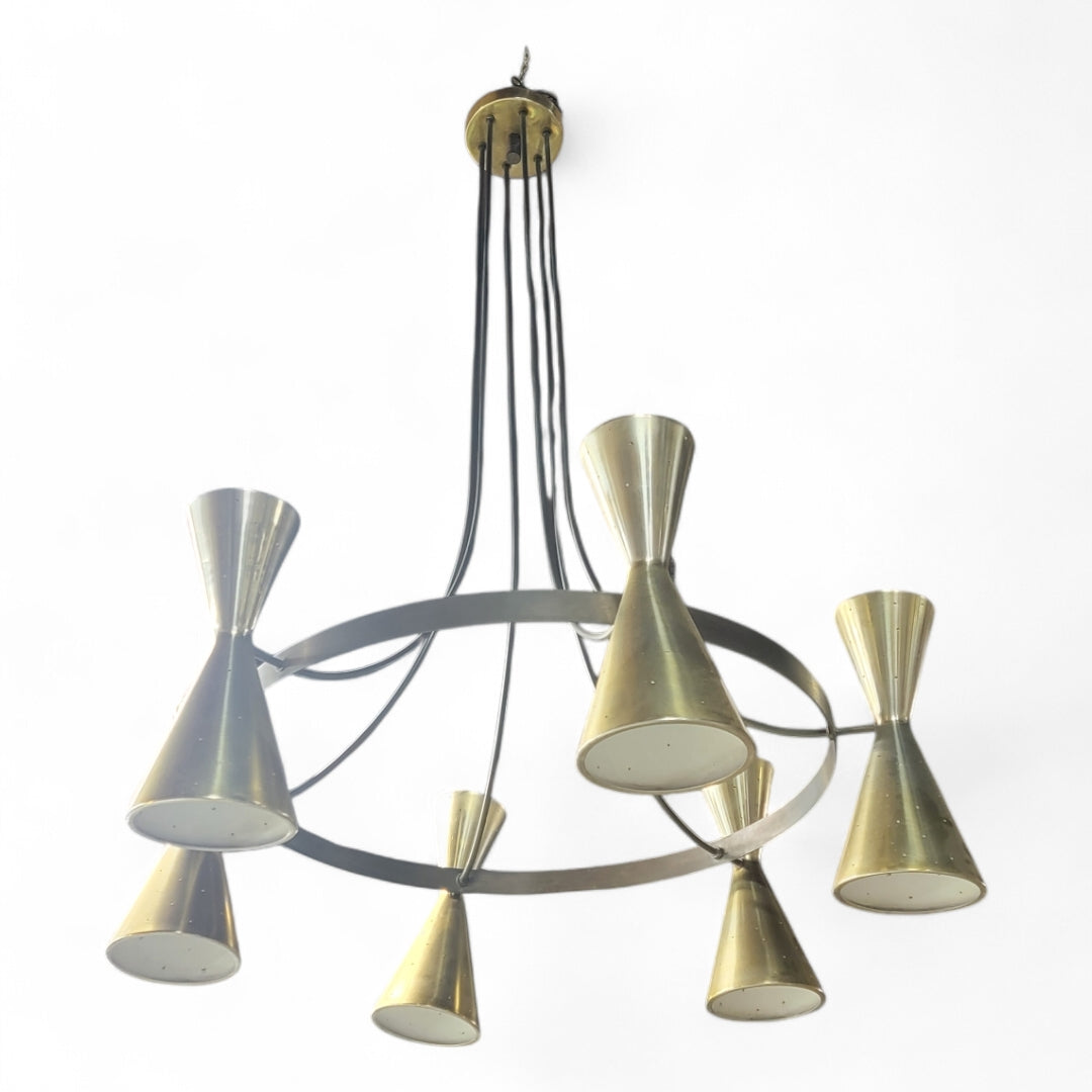 Mid Century Modern Atomic Brass Finish 6 Hourglass Double Sided Cone Chandelier