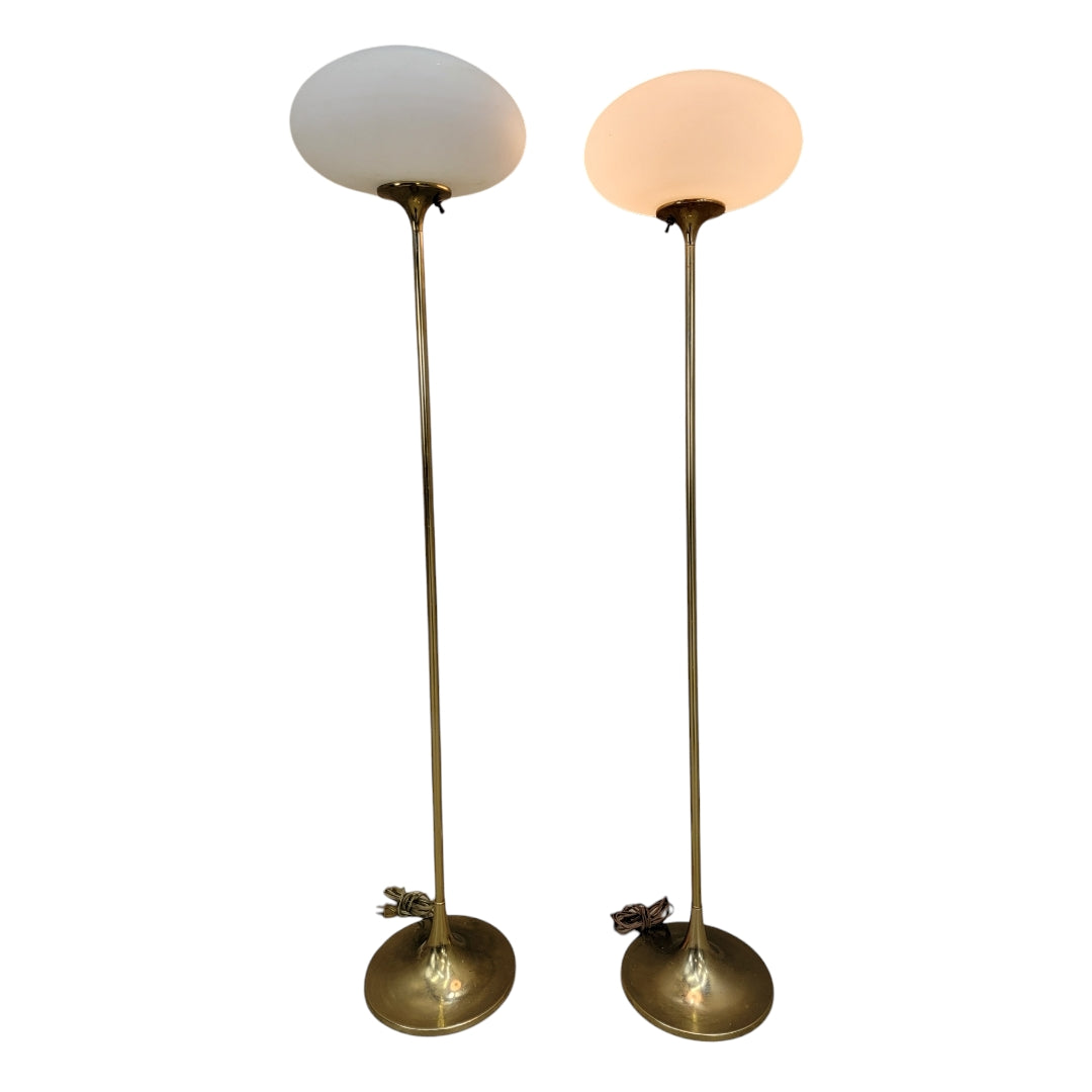 Mid Century Modern Laurel Brass Tulip Base with Milk-Glass Shade Mushroom Floor Lamps - Pair