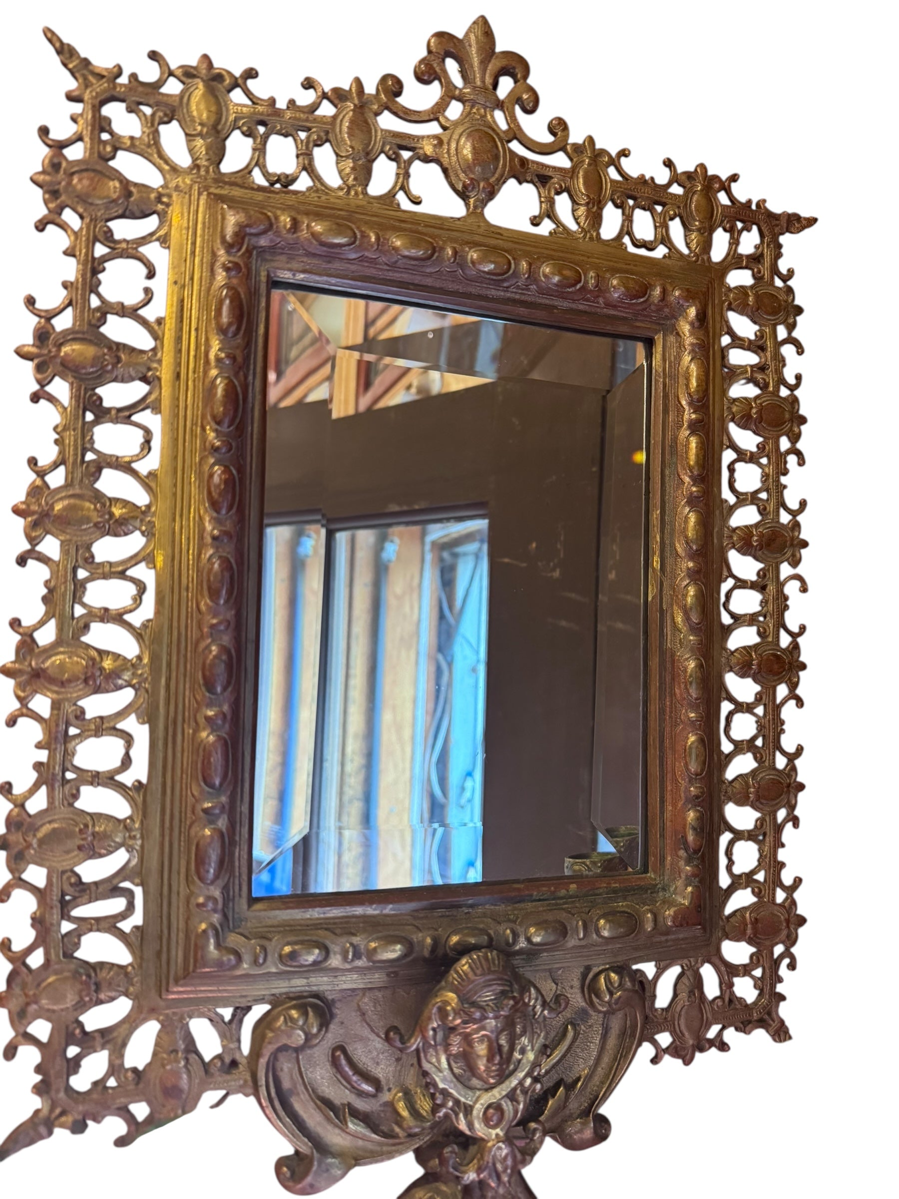 Antique Victorian Devil Fantasy Style Ornate Figural Beveled Mirror Candle Sconces